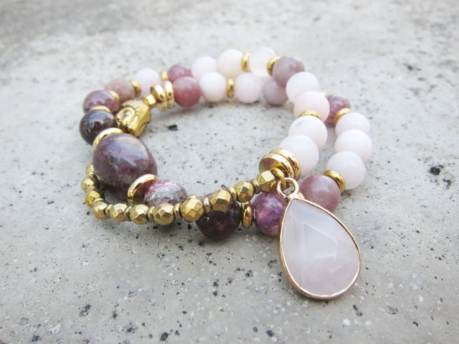 27 Bead Mala Bracelet in Plum Tourmaline, Pink Opal, Rose Quartz + Lepidolite