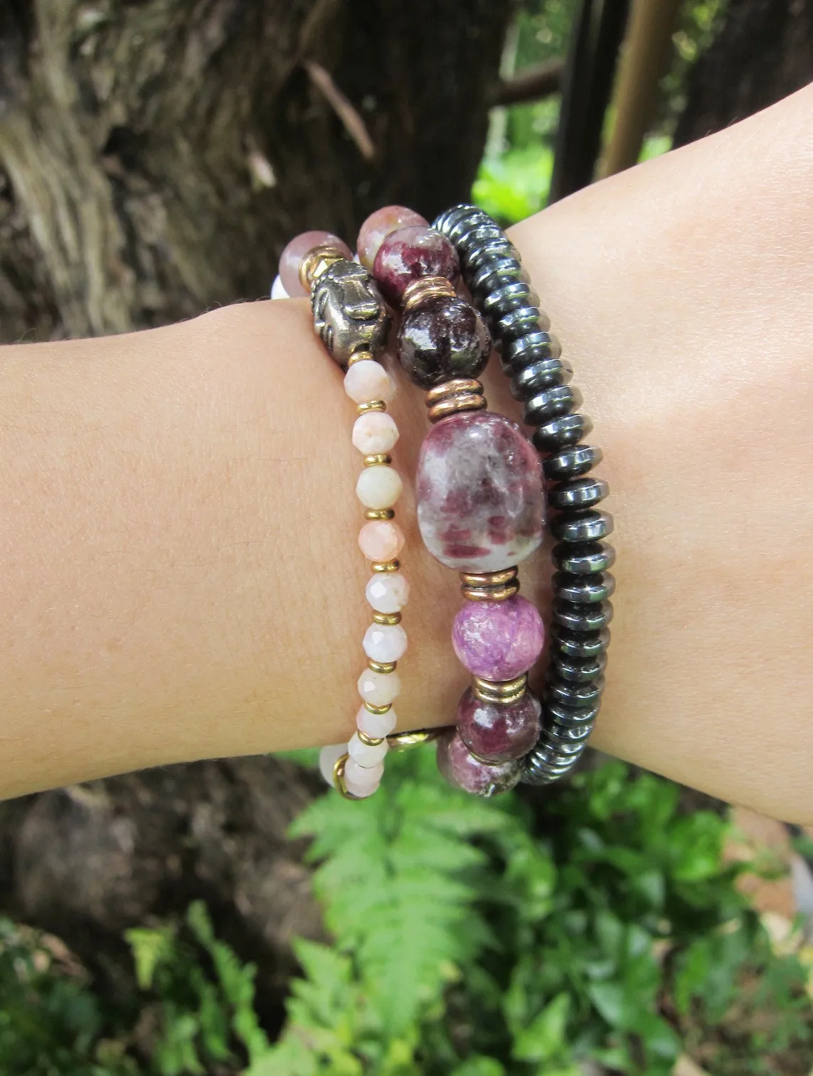 27 Bead Mala Bracelet in Plum Tourmaline, Pink Opal, Rose Quartz + Lepidolite