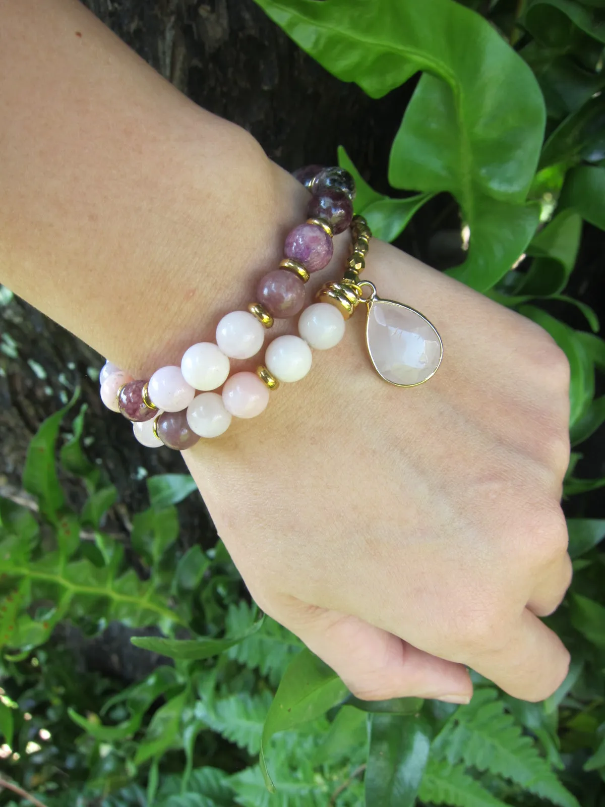 27 Bead Mala Bracelet in Plum Tourmaline, Pink Opal, Rose Quartz + Lepidolite