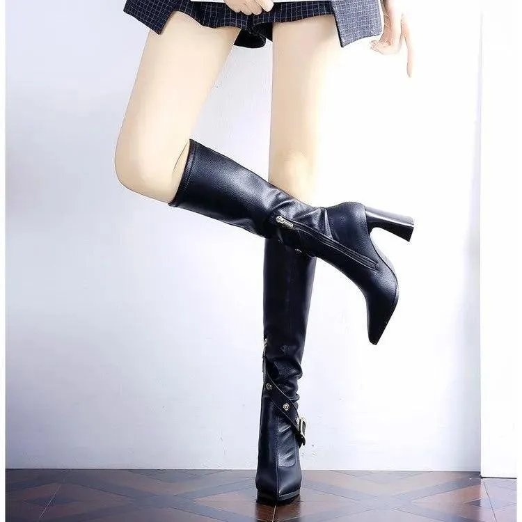 Belt Buckle Pointed Knee High Women Boots