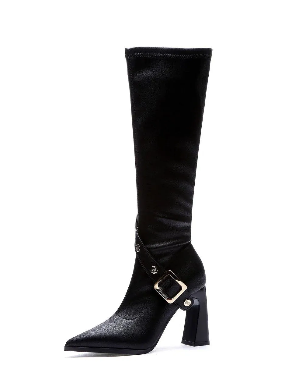 Belt Buckle Pointed Knee High Women Boots