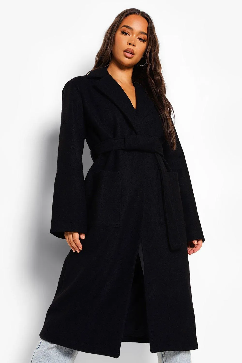 Belted Detail Wool Look Maxi Coat