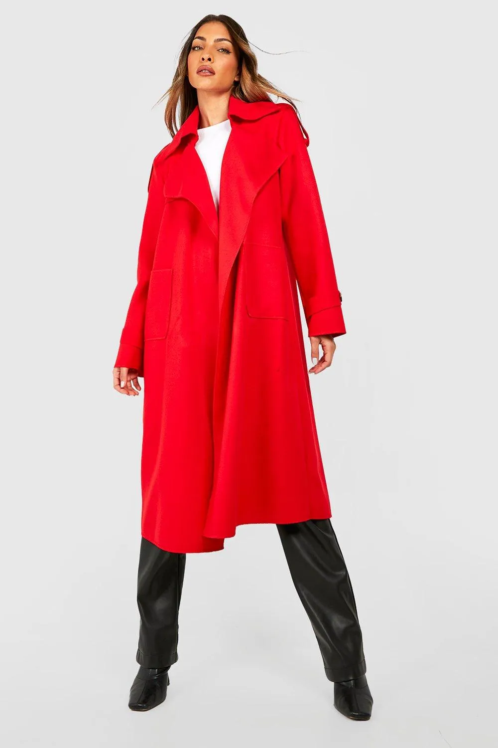 Belted Waterfall Wool Look Trench