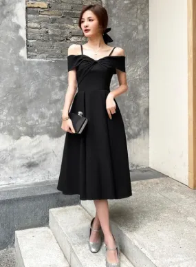 Black Off Shoulder Tea Length Wedding Party Dress, Black Prom Dress Homecoming Dress