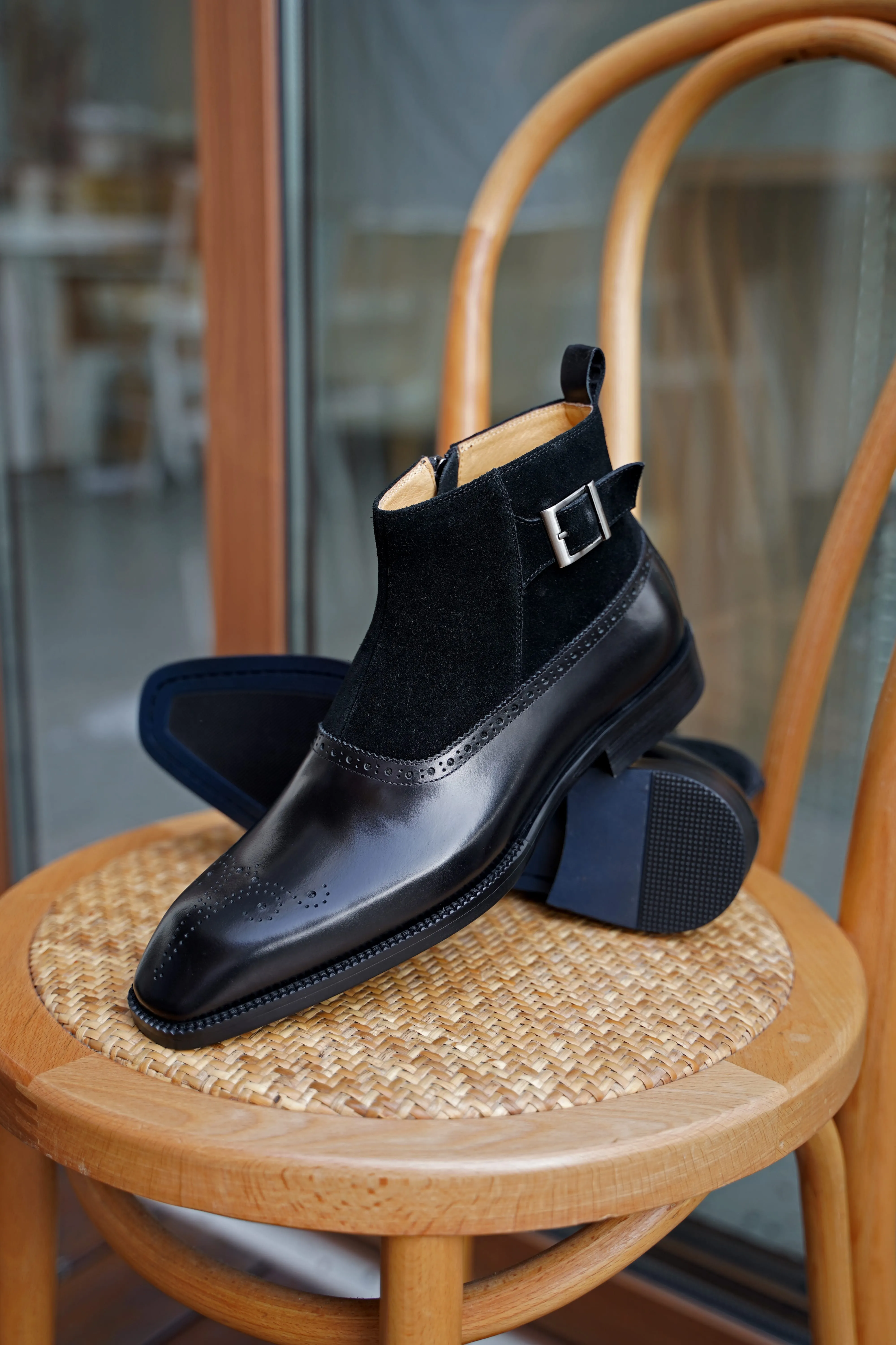 Black Suede Brogue Leather Chelsea Boots