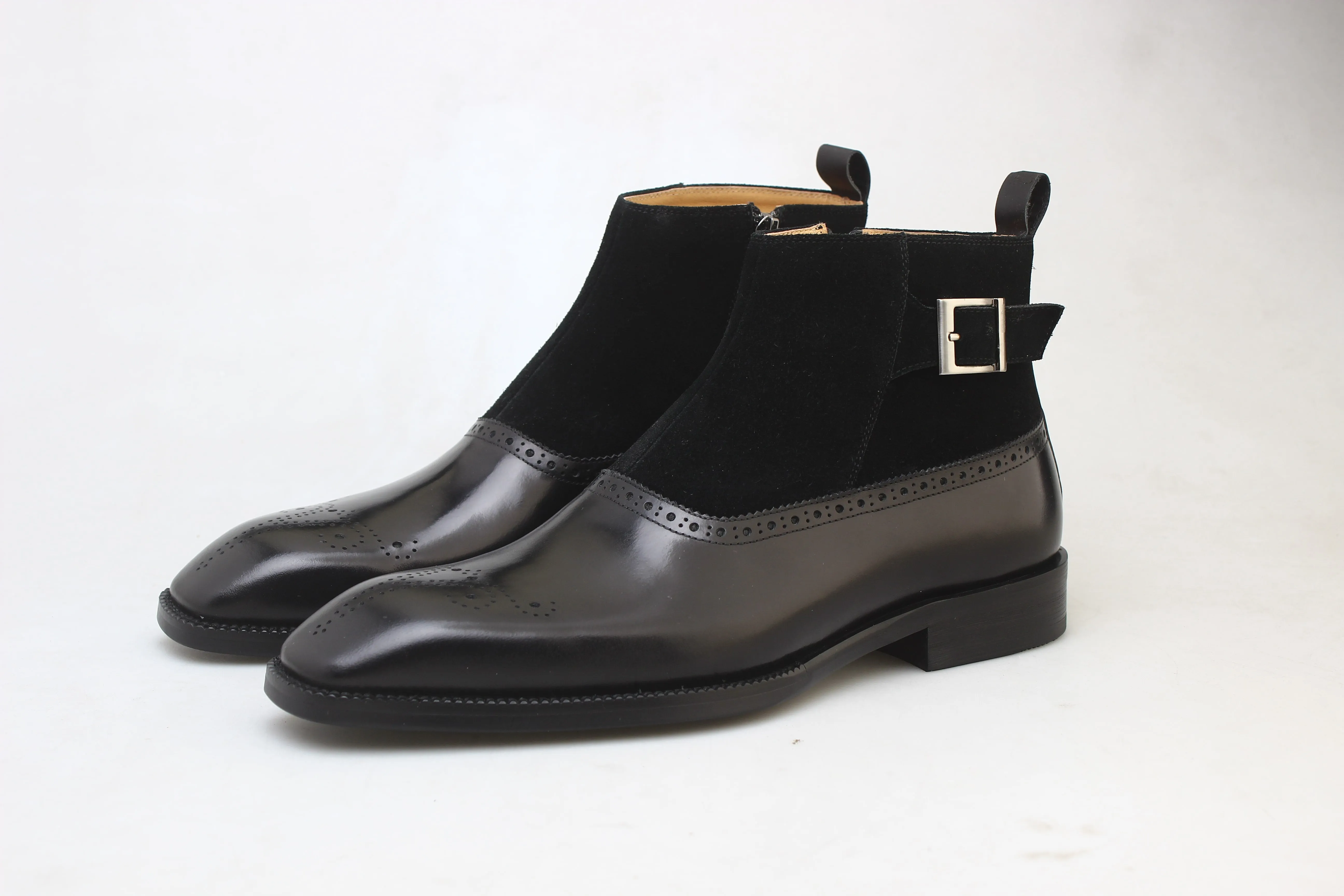 Black Suede Brogue Leather Chelsea Boots