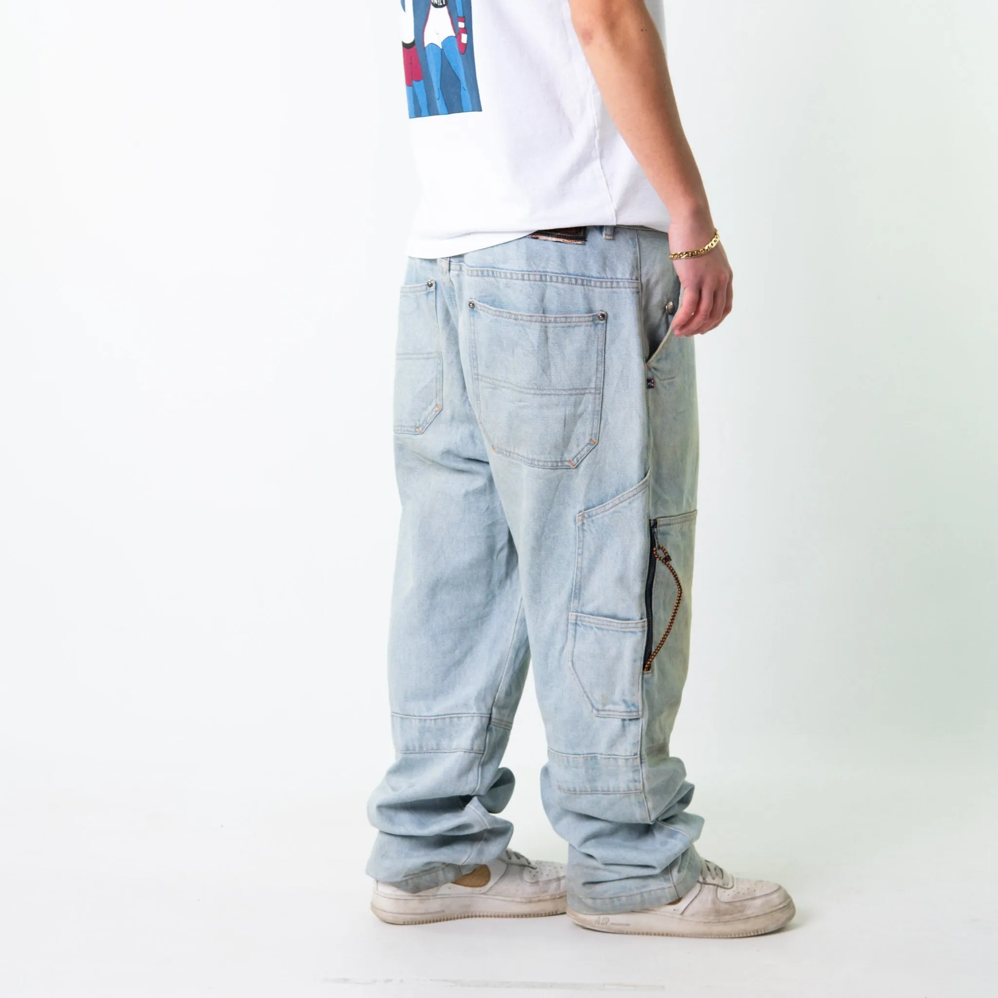 Blue Denim 90s Baggy Hip Hop Phat Farm Cargo Skater Trousers Pants Jeans (38x36)