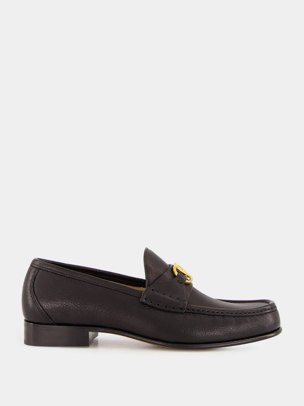 Brass Logo Black Leather Loafers