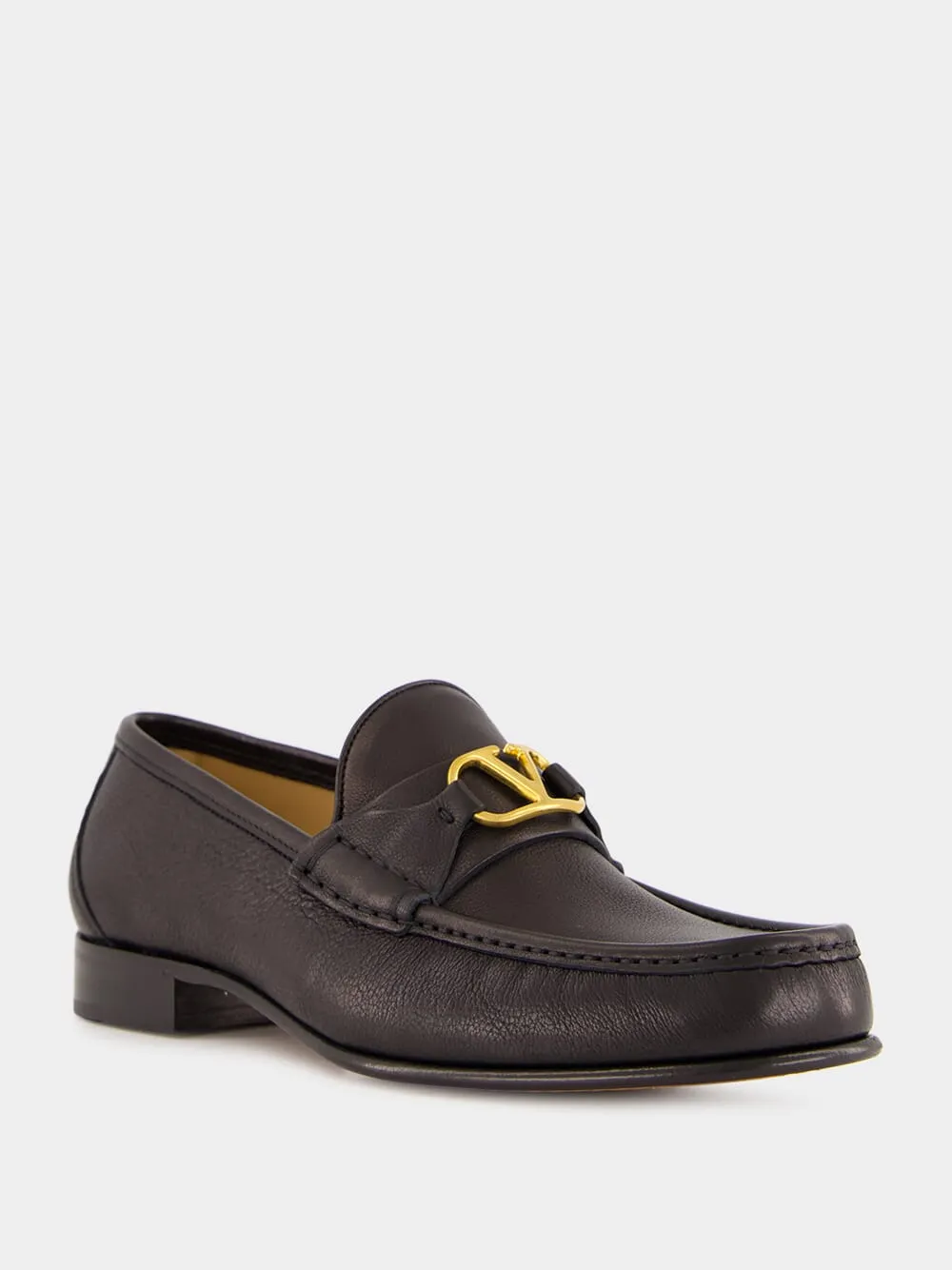 Brass Logo Black Leather Loafers