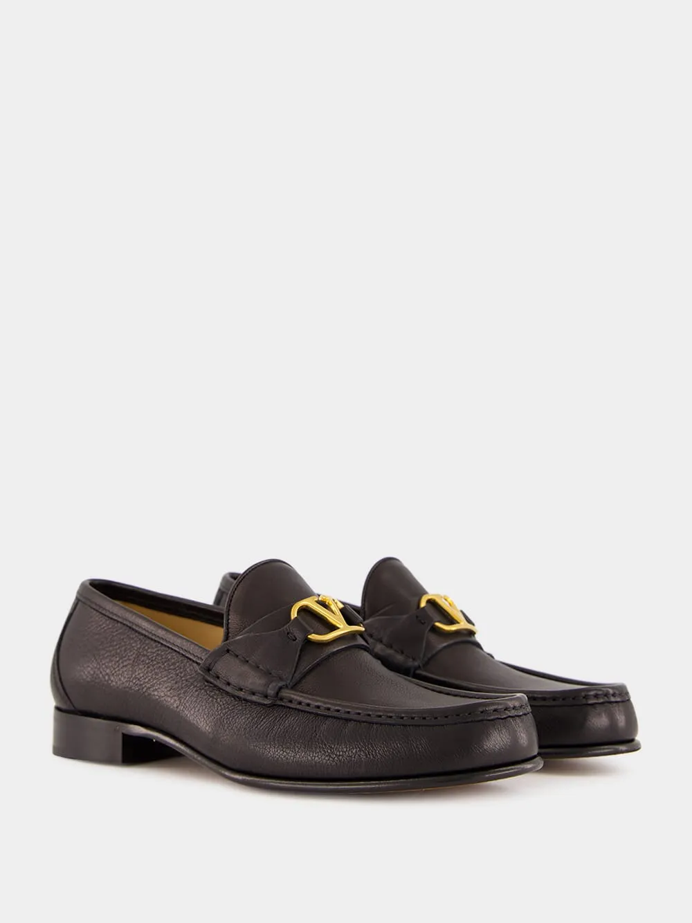 Brass Logo Black Leather Loafers