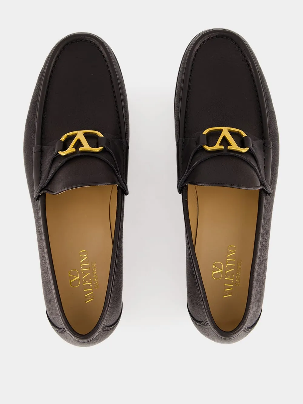 Brass Logo Black Leather Loafers