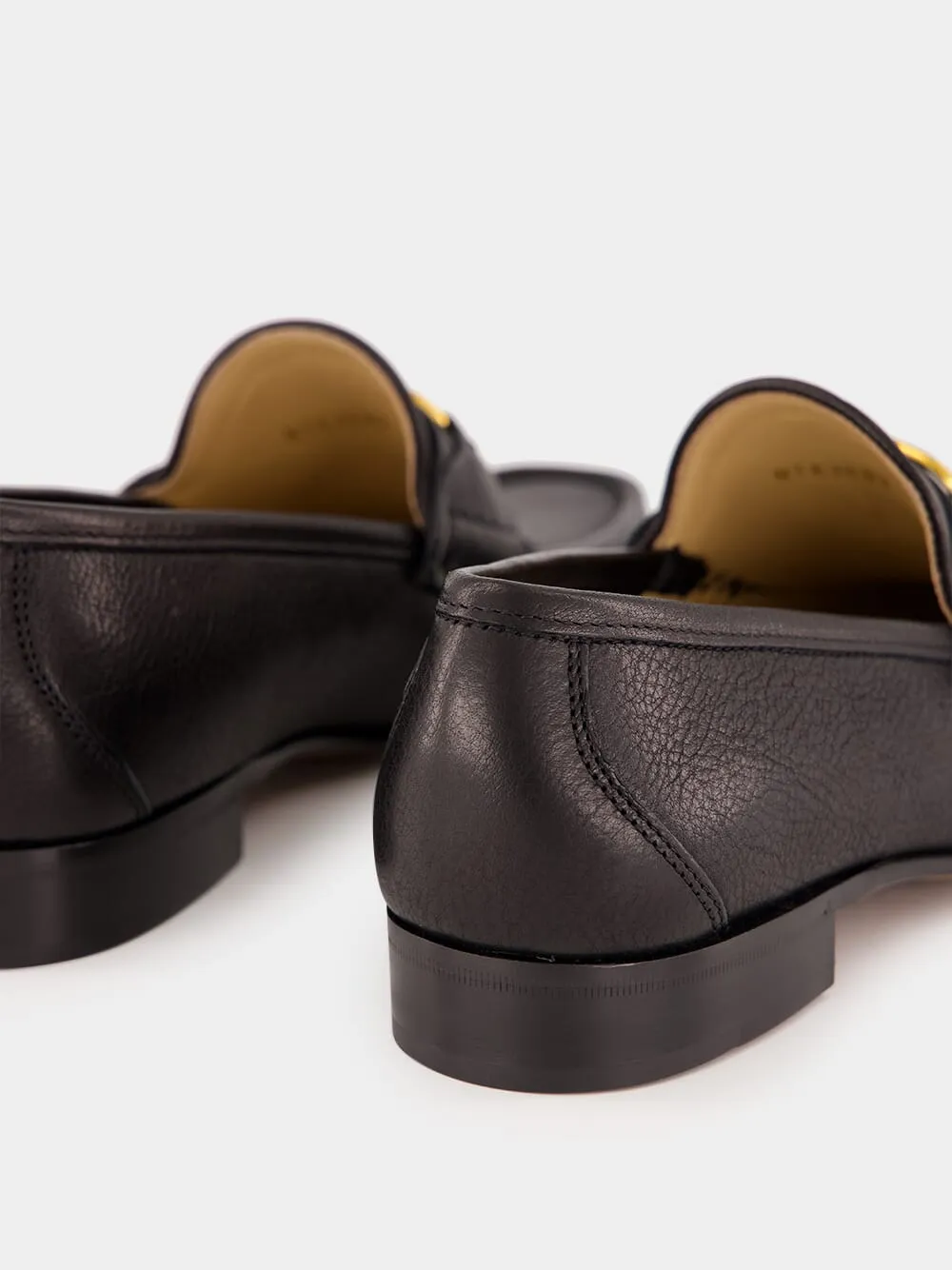 Brass Logo Black Leather Loafers