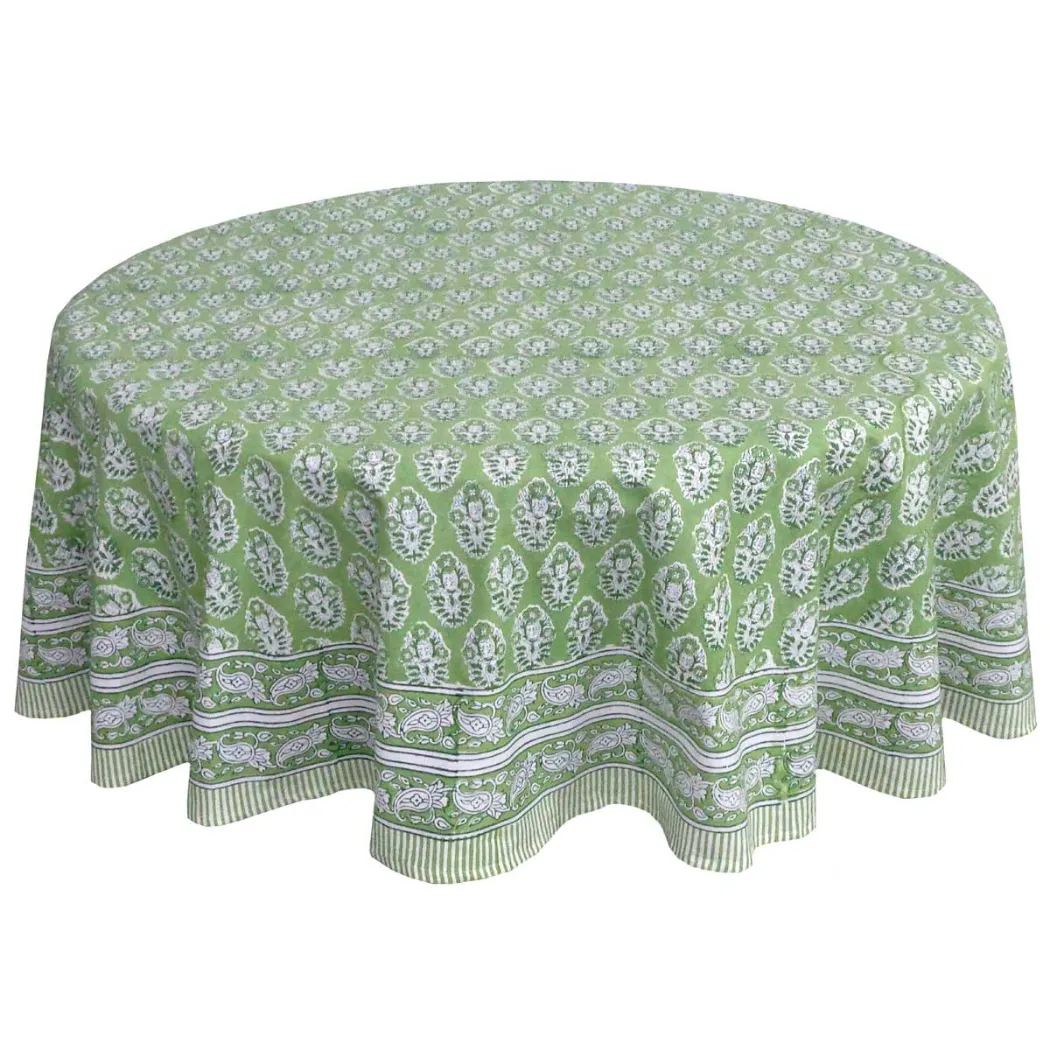 Celadon Green Block Printed round Tablecloth