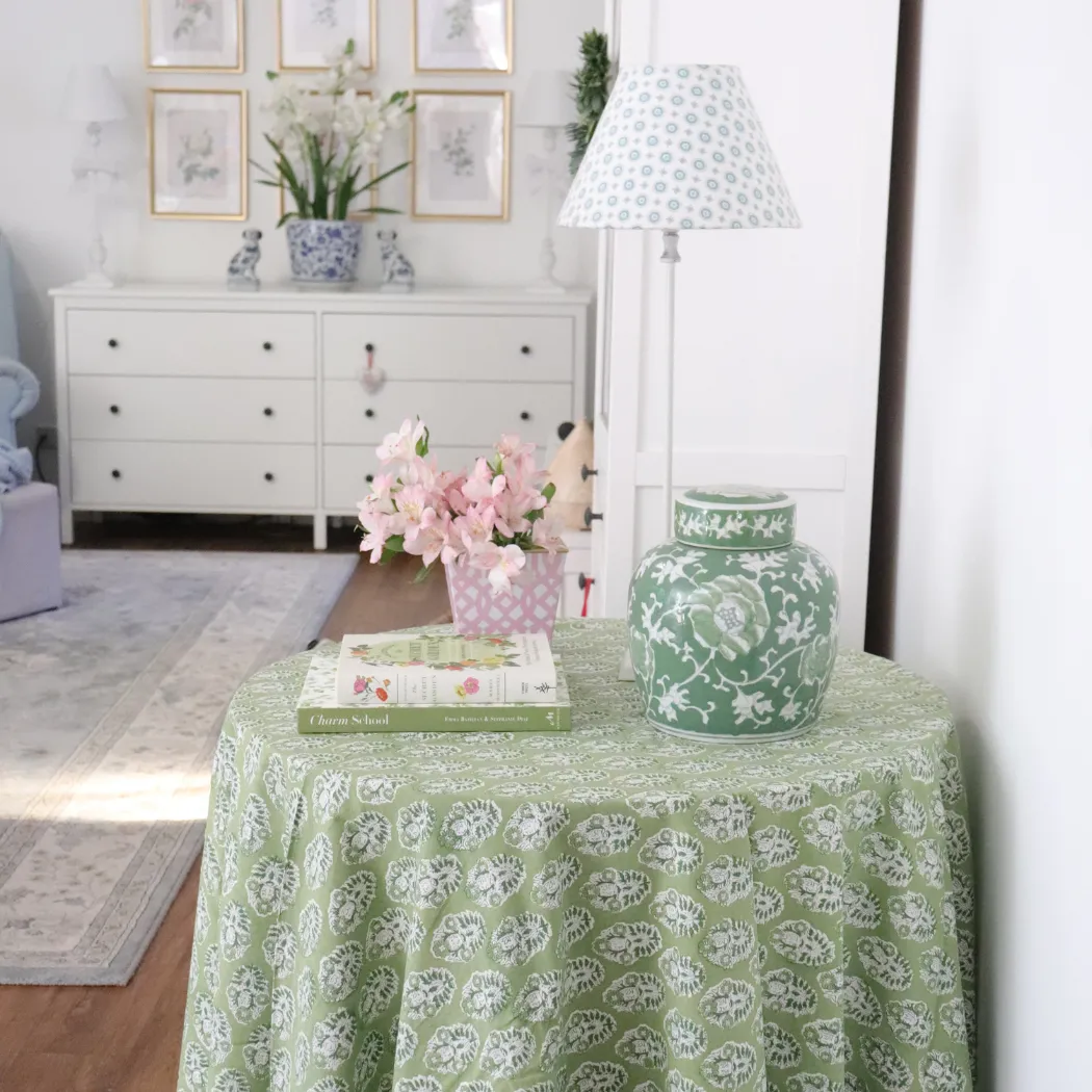 Celadon Green Block Printed round Tablecloth