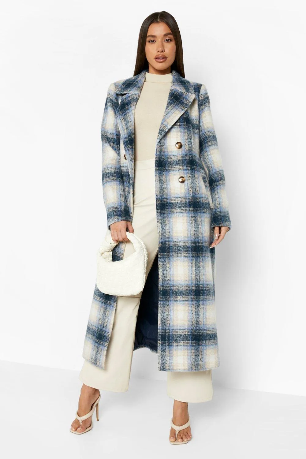 Check Longline Wool Coat