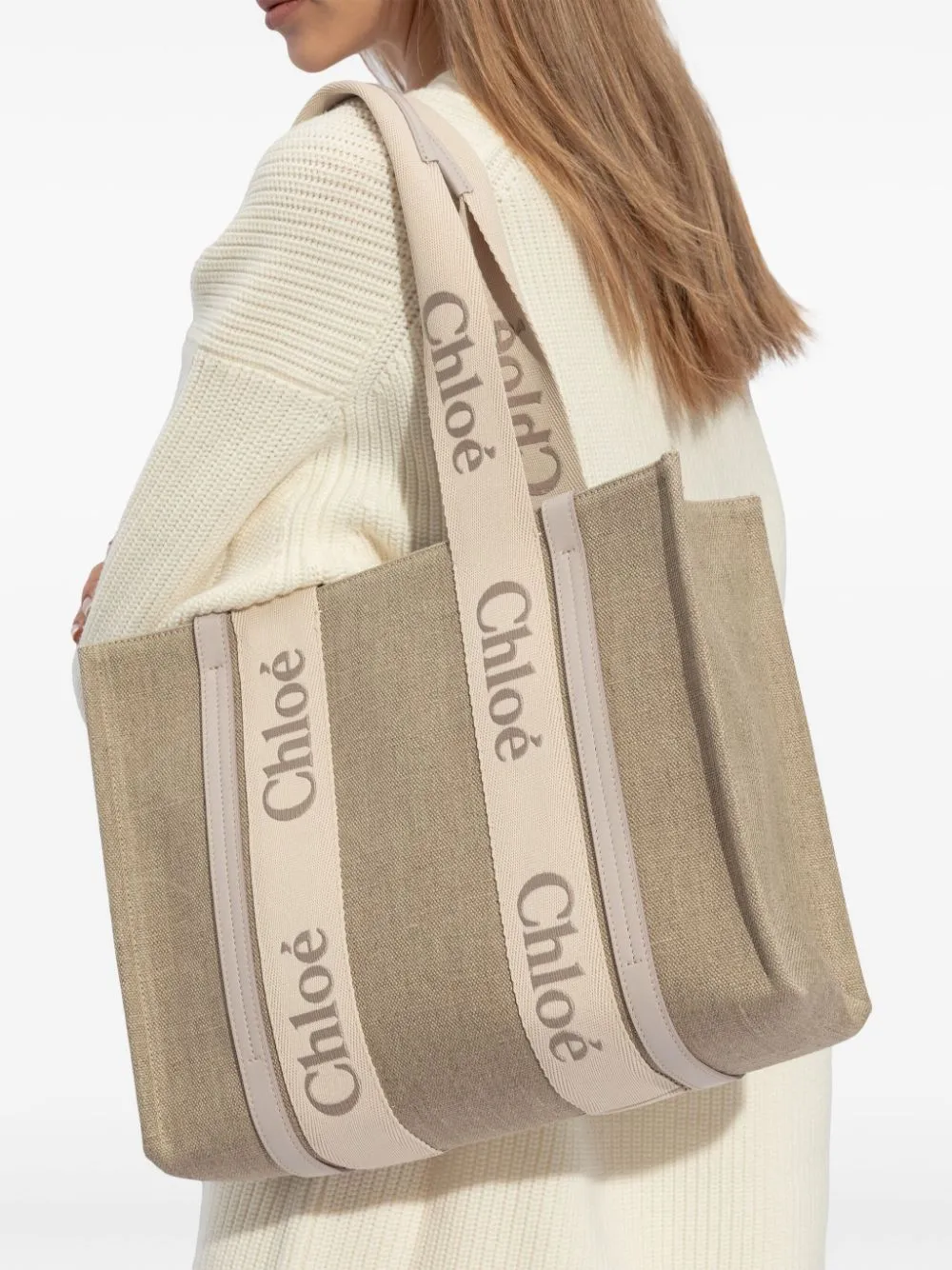 Chloè    Chloè Woody Medium Canvas And Leather Tote Bag