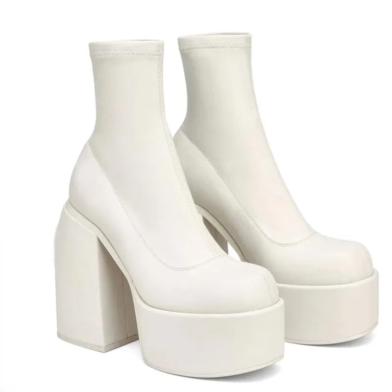 Chunky White Block Platform Boots