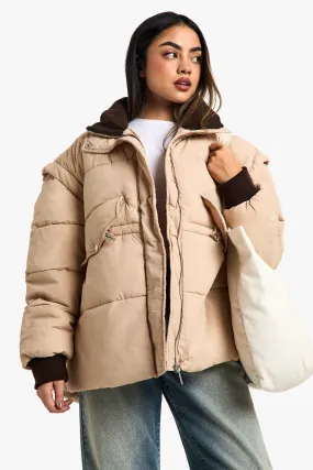 Contrast Collar Oversized Puffer Jacket