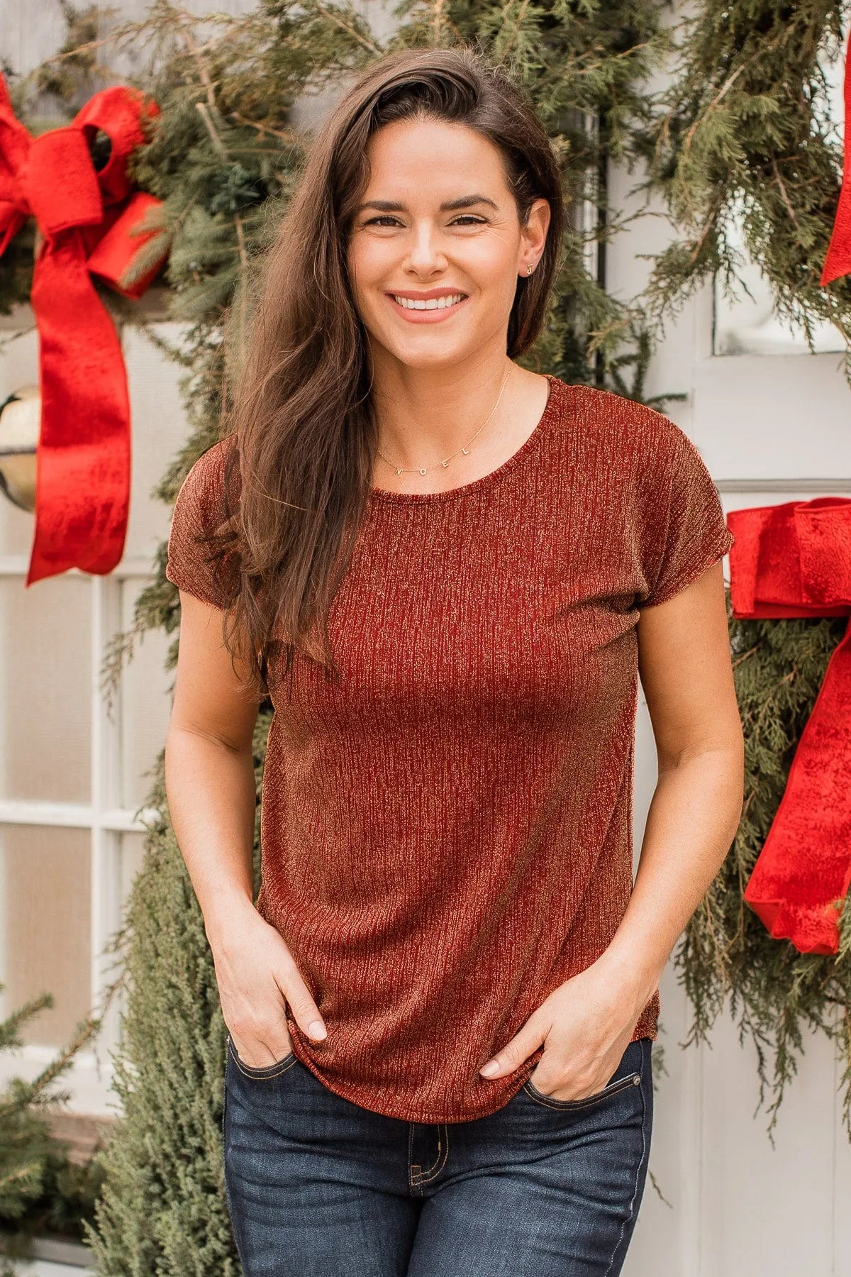 Cue The Confetti Shimmer Top- Red & Gold