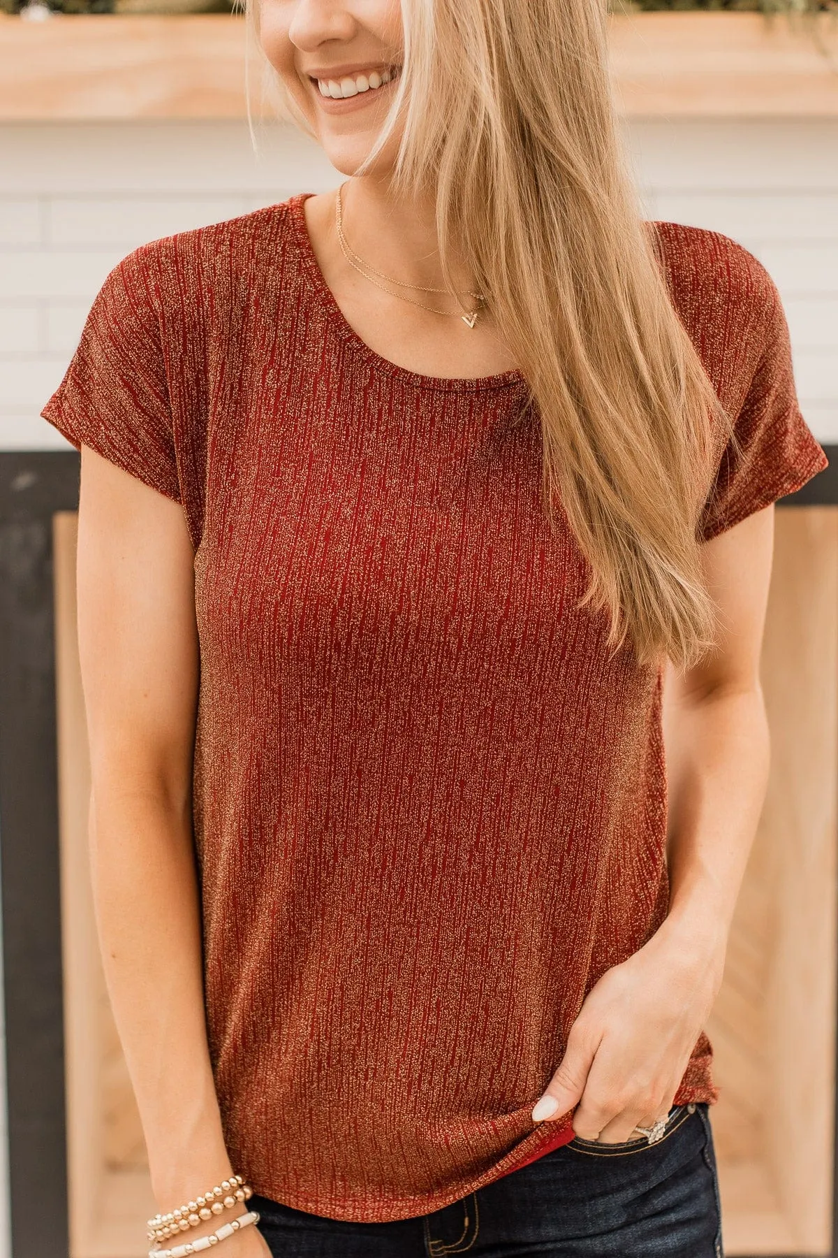 Cue The Confetti Shimmer Top- Red & Gold