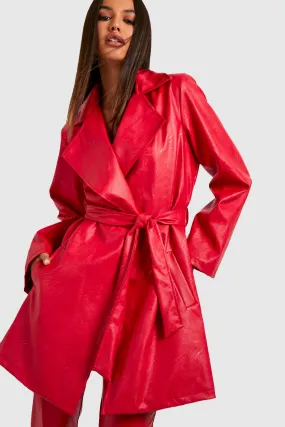 Faux Leather Belted Wrap Trench Coat