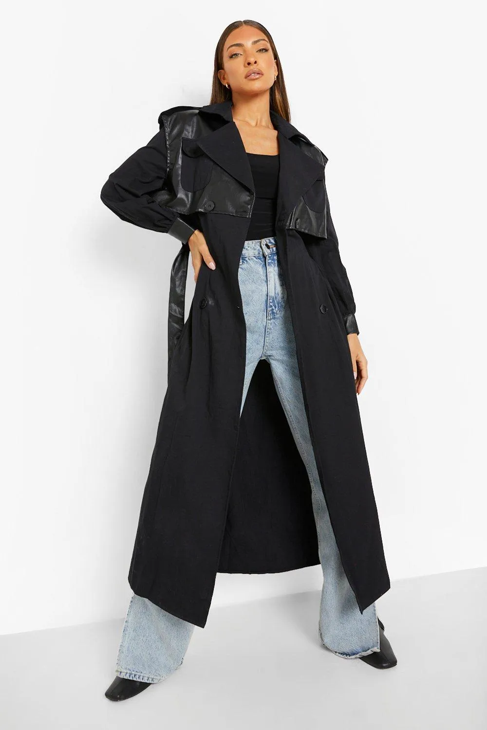 Faux Leather Trim Belted Trench Coat