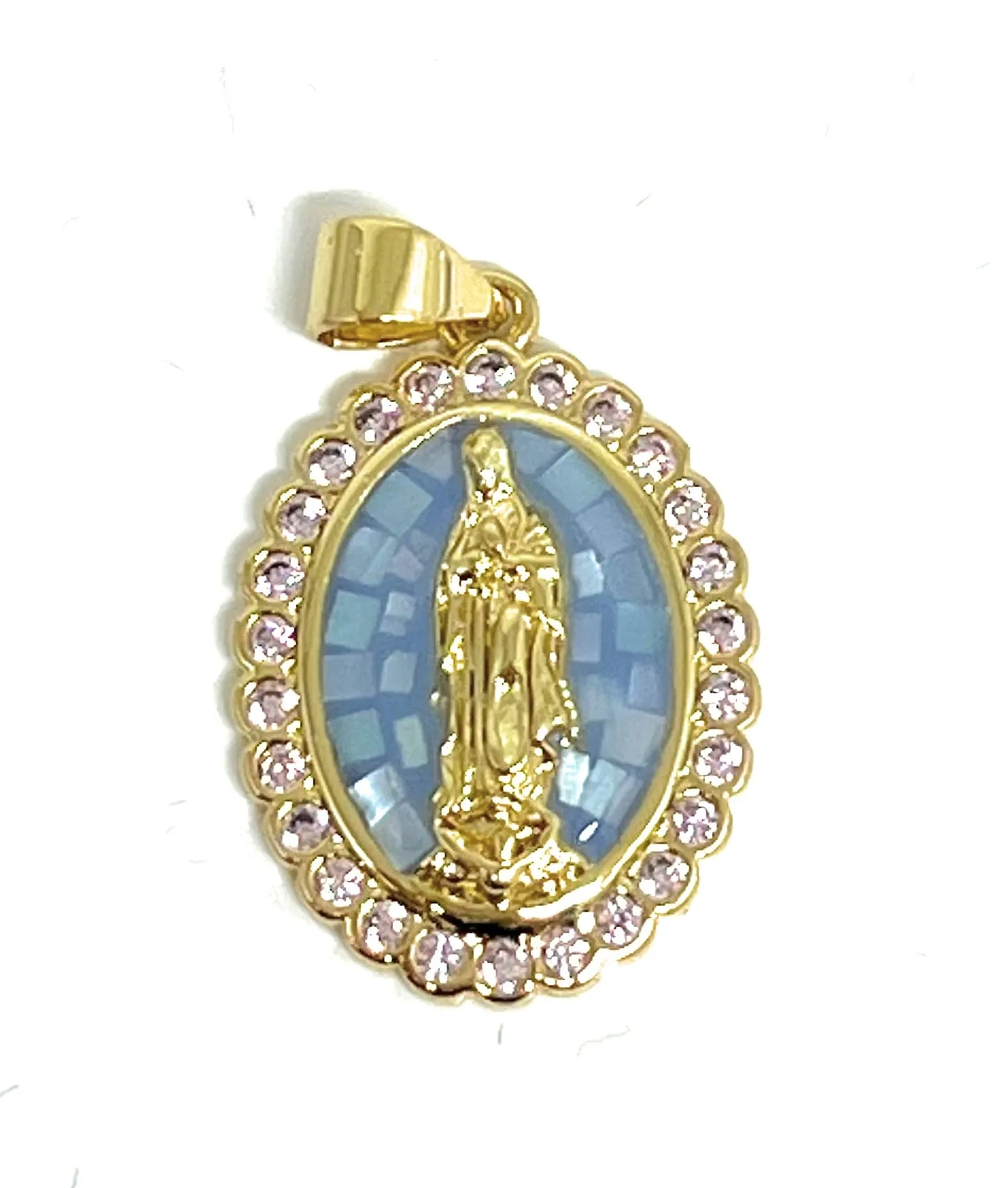 Gold Plated Virgin Mary Enamel Pink CZ Pendant Necklace 24 Virgen Guadalupe Medalla