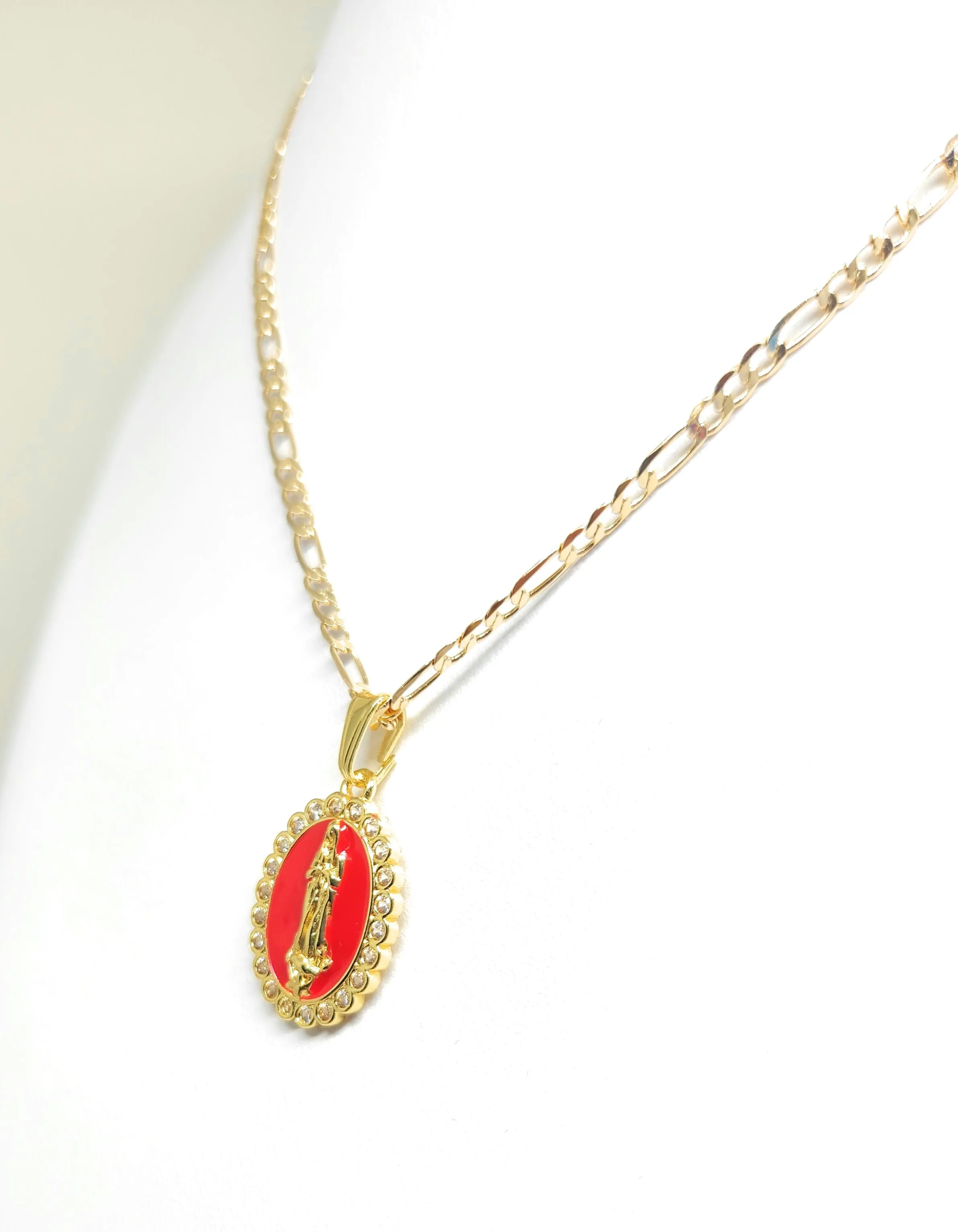 Gold Plated Virgin Mary Enamel Pink CZ Pendant Necklace 24 Virgen Guadalupe Medalla