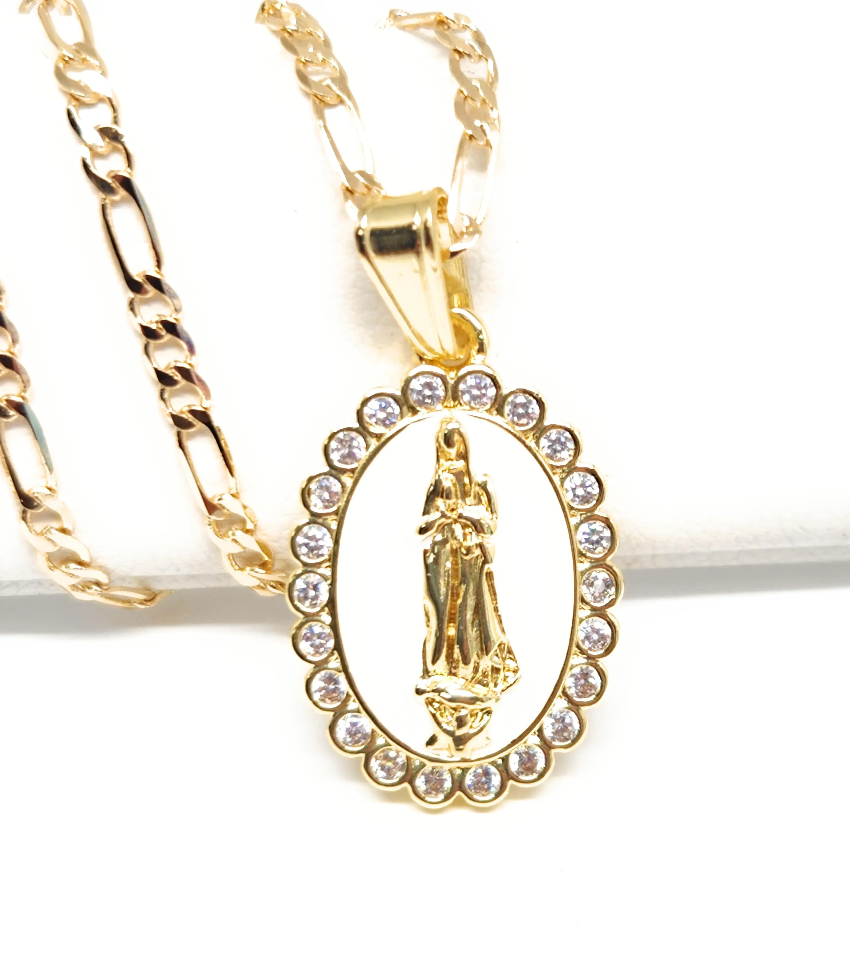 Gold Plated Virgin Mary Enamel Pink CZ Pendant Necklace 24 Virgen Guadalupe Medalla