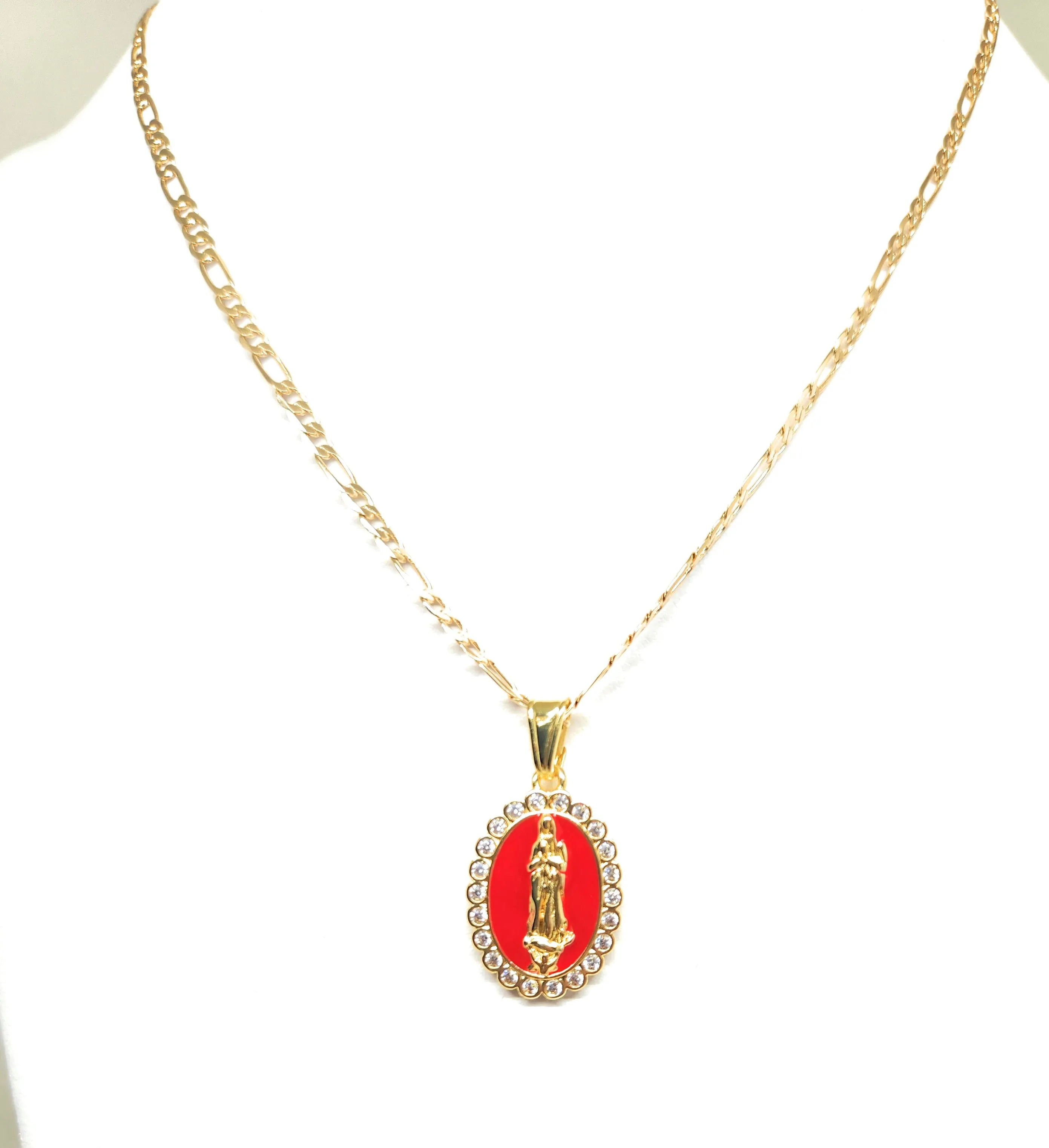 Gold Plated Virgin Mary Enamel Pink CZ Pendant Necklace 24 Virgen Guadalupe Medalla