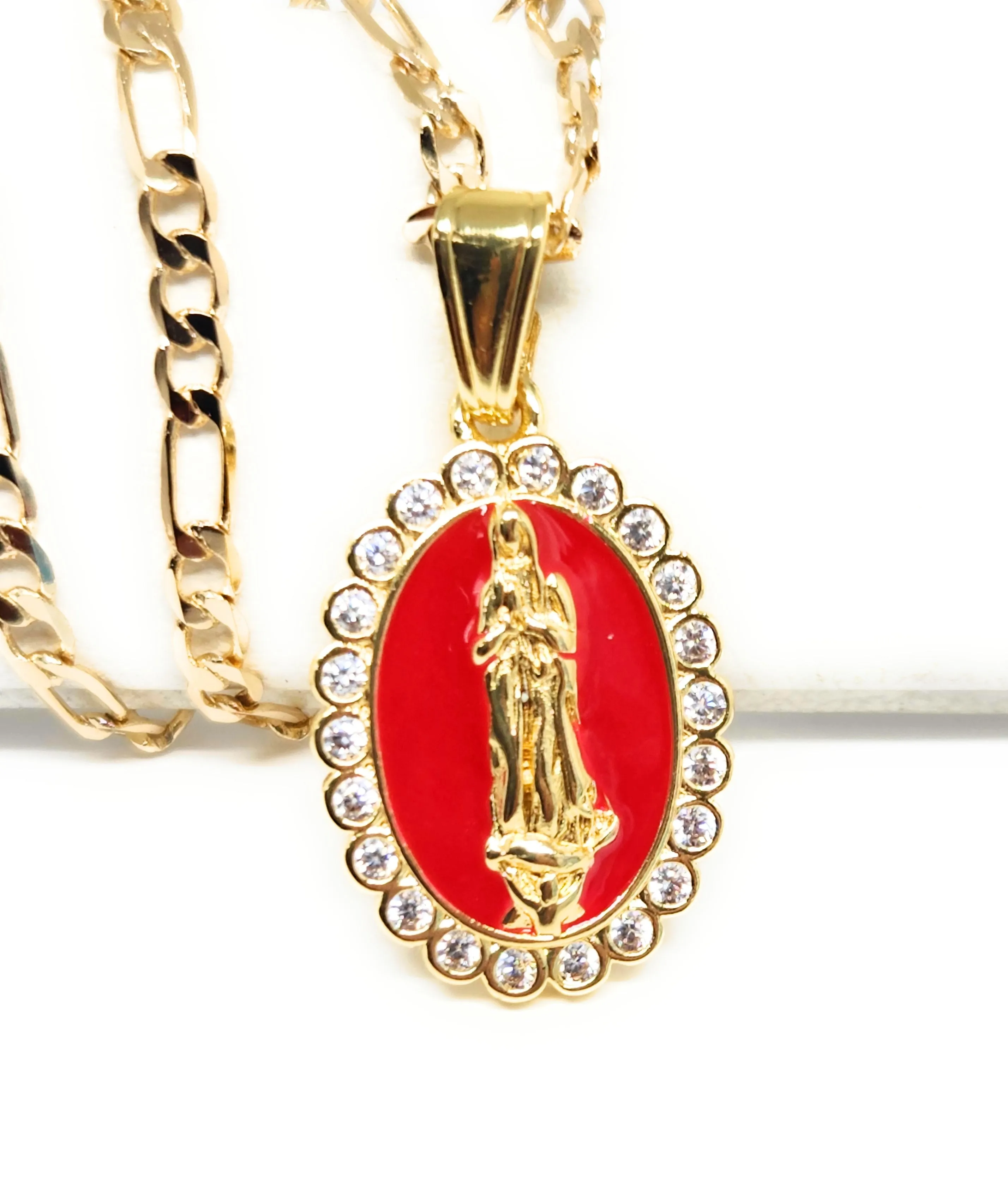 Gold Plated Virgin Mary Enamel Pink CZ Pendant Necklace 24 Virgen Guadalupe Medalla