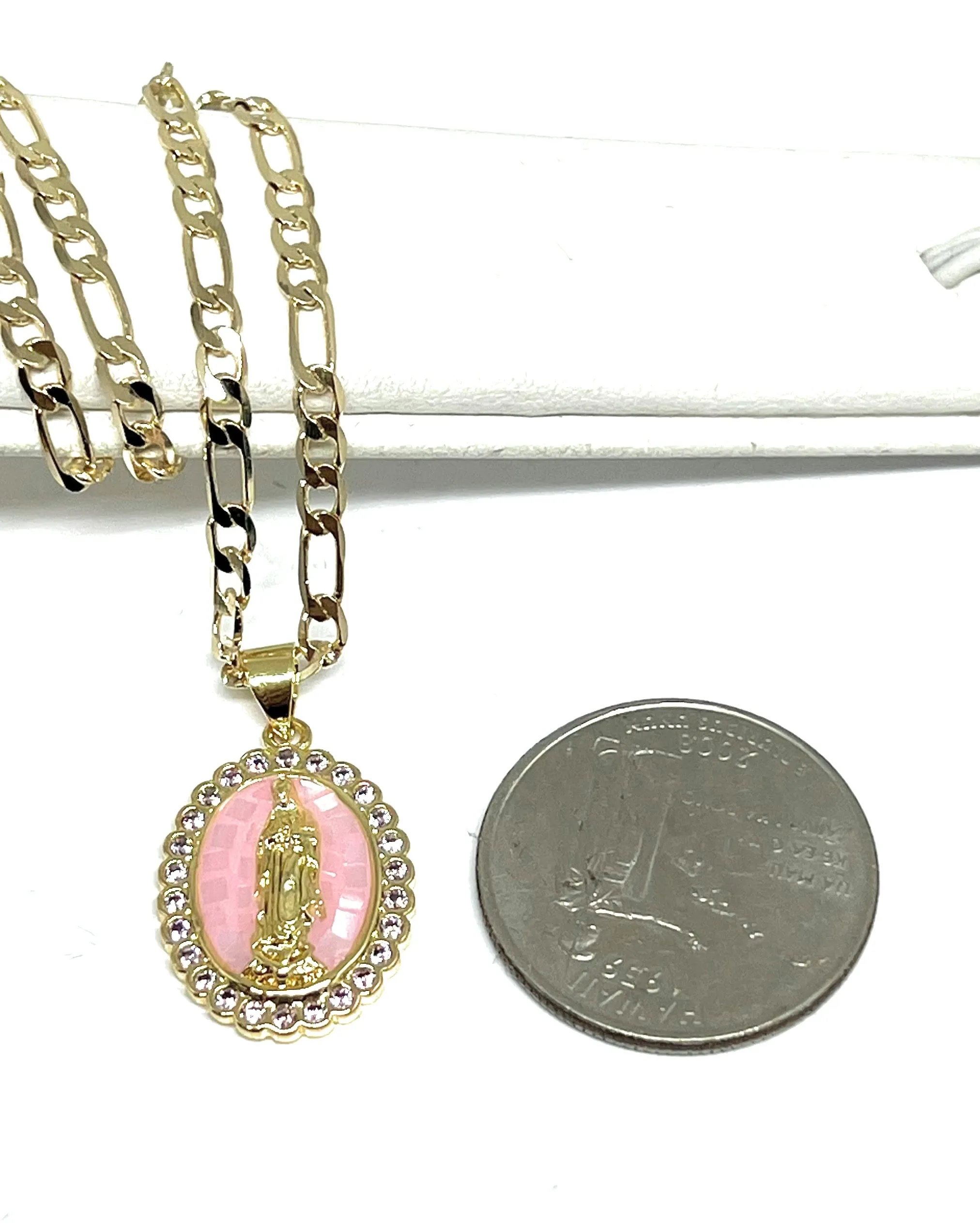 Gold Plated Virgin Mary Enamel Pink CZ Pendant Necklace 24 Virgen Guadalupe Medalla