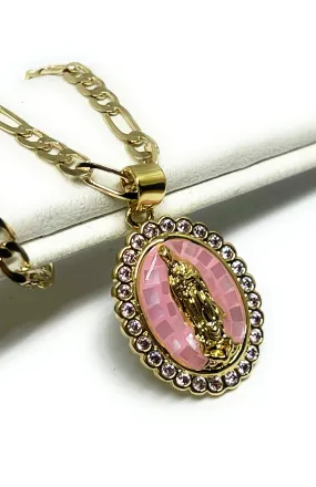 Gold Plated Virgin Mary Enamel Pink CZ Pendant Necklace 24 Virgen Guadalupe Medalla