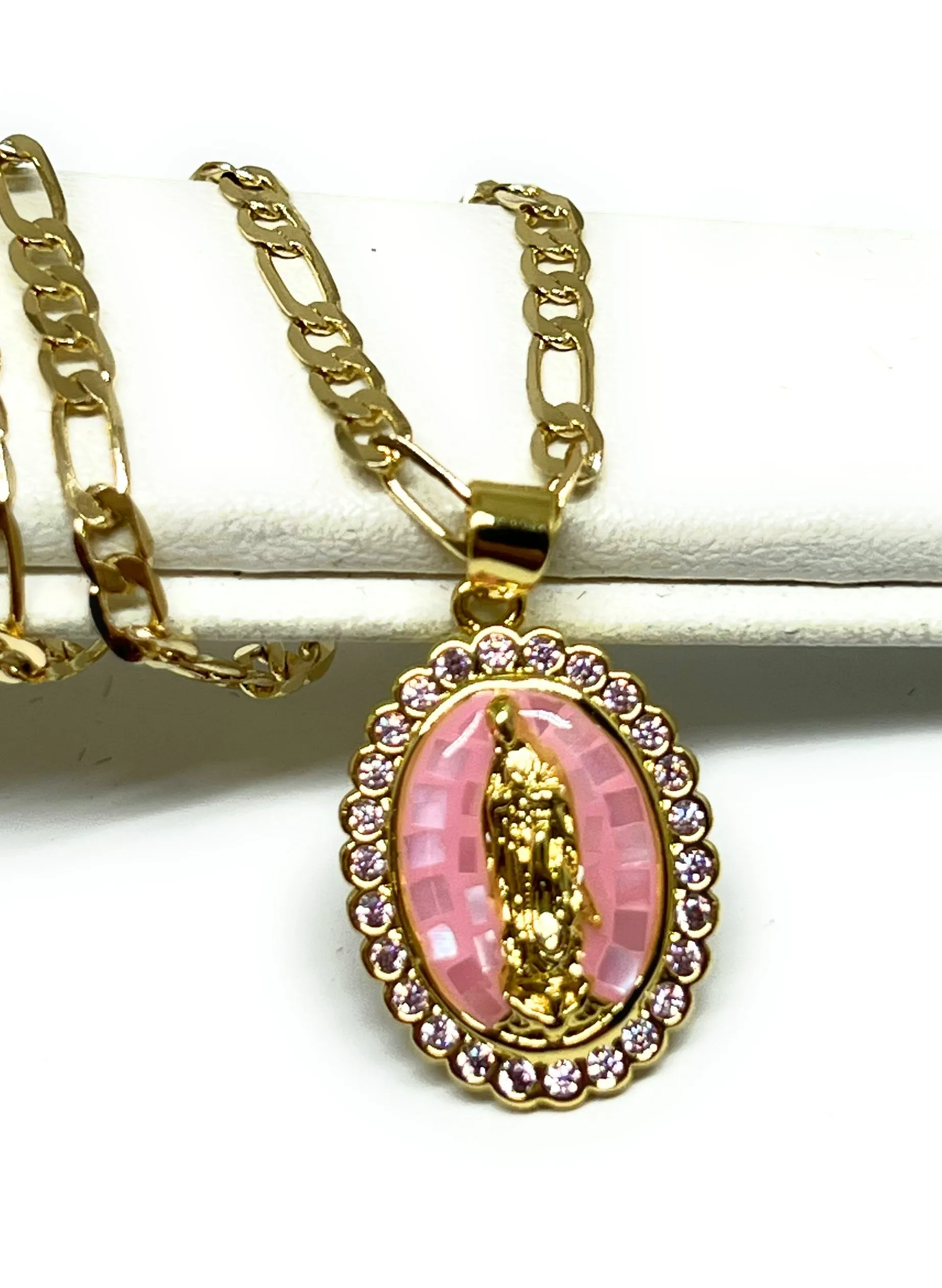 Gold Plated Virgin Mary Enamel Pink CZ Pendant Necklace 24 Virgen Guadalupe Medalla