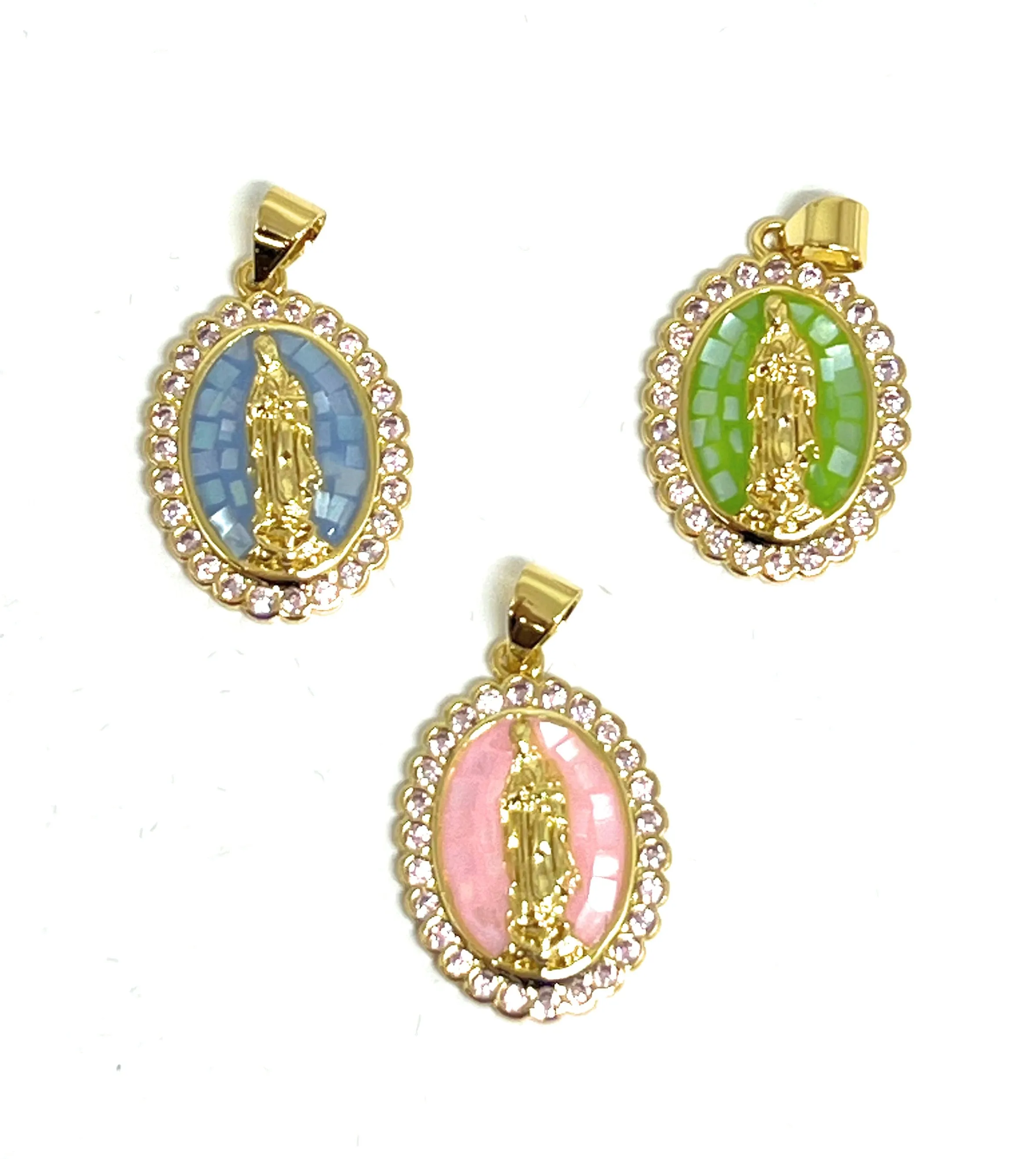 Gold Plated Virgin Mary Enamel Pink CZ Pendant Necklace 24 Virgen Guadalupe Medalla