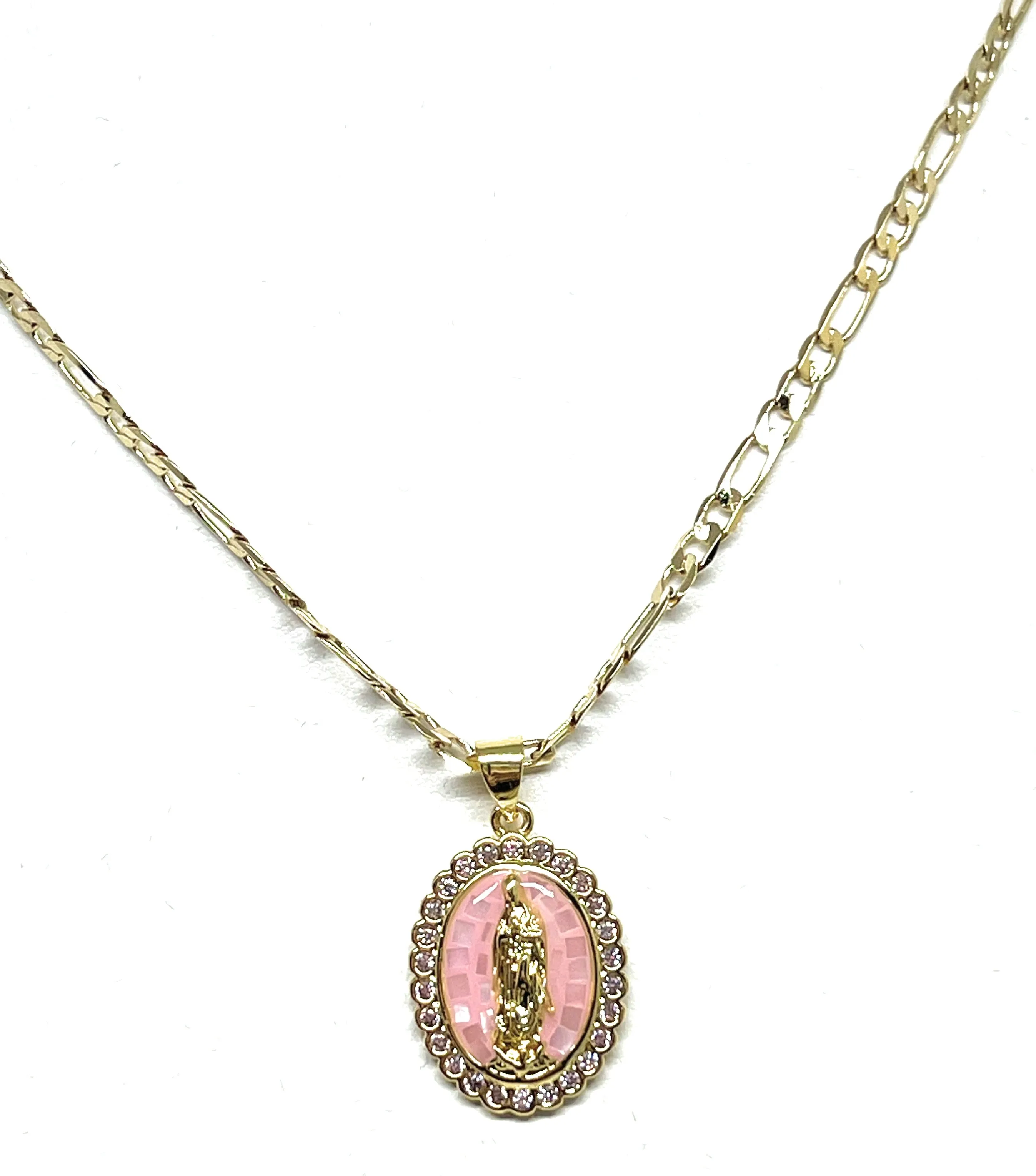 Gold Plated Virgin Mary Enamel Pink CZ Pendant Necklace 24 Virgen Guadalupe Medalla