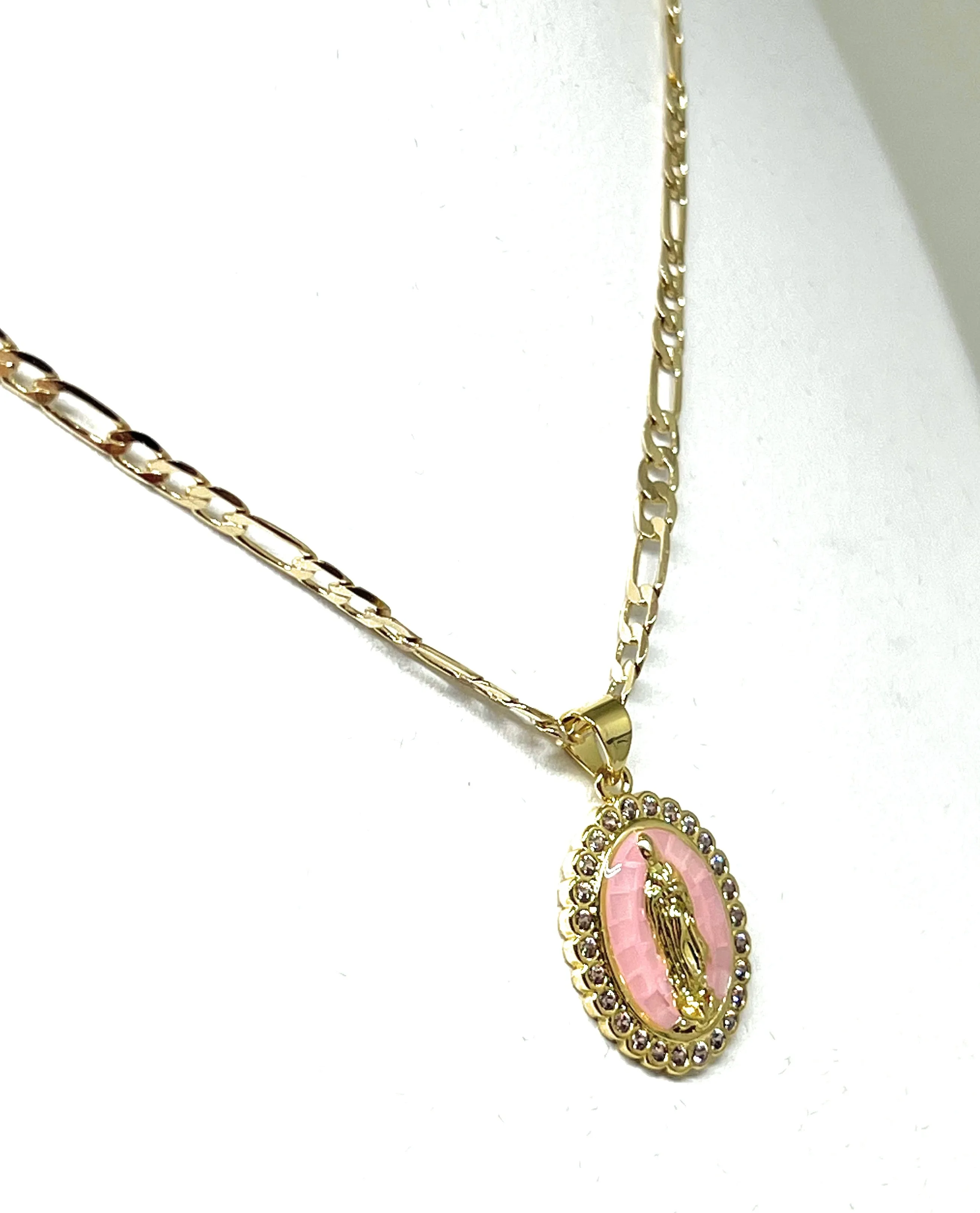 Gold Plated Virgin Mary Enamel Pink CZ Pendant Necklace 24 Virgen Guadalupe Medalla