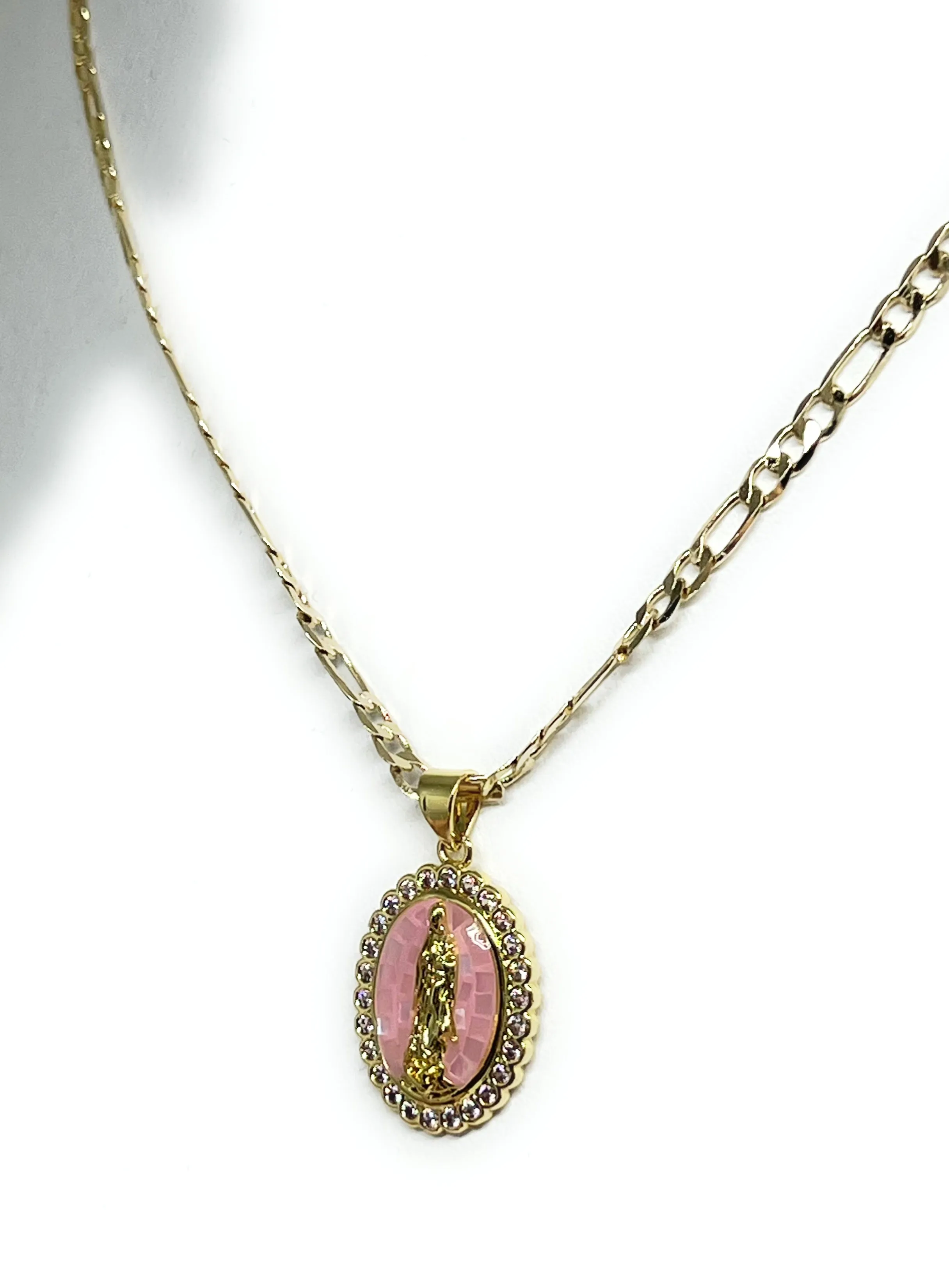 Gold Plated Virgin Mary Enamel Pink CZ Pendant Necklace 24 Virgen Guadalupe Medalla