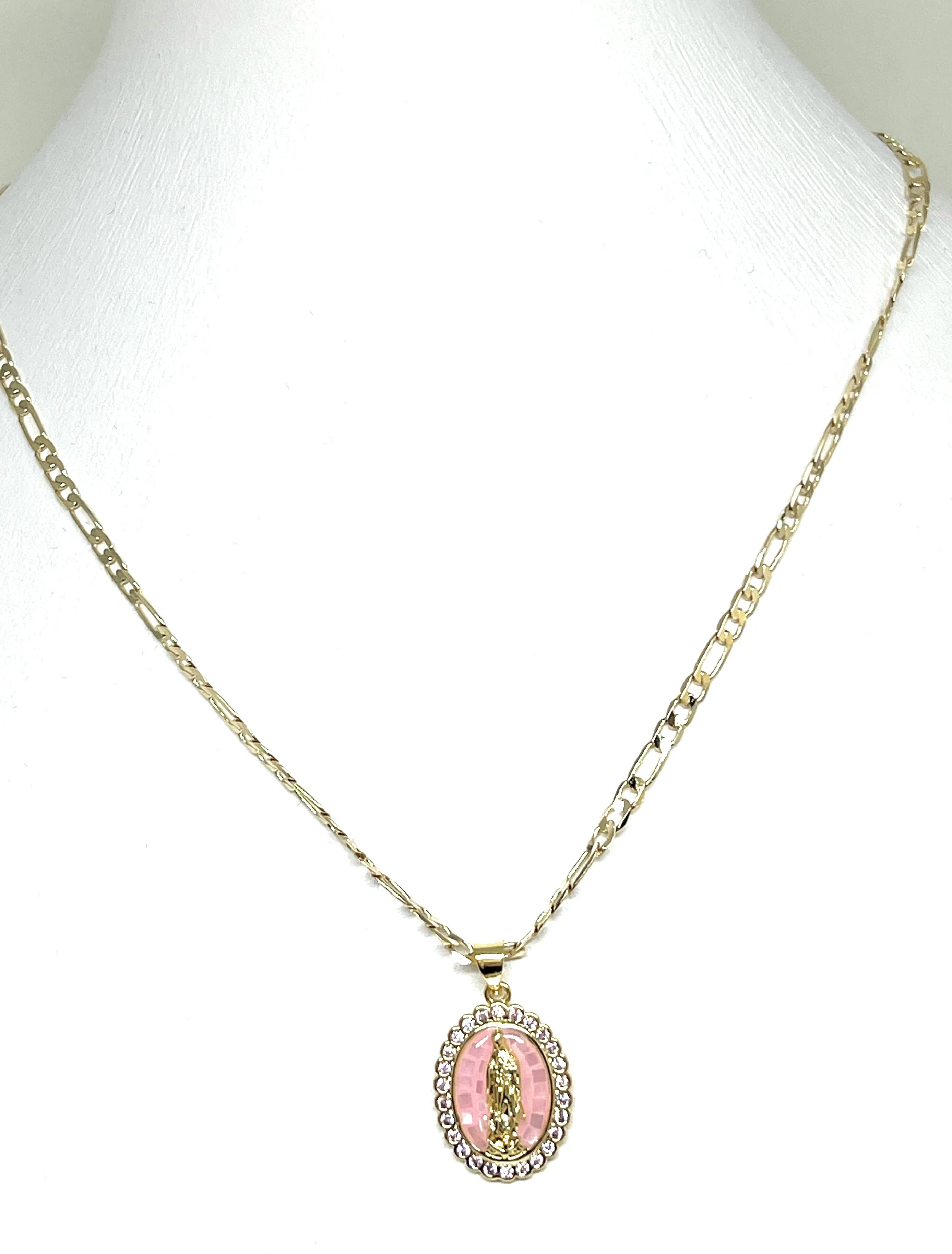 Gold Plated Virgin Mary Enamel Pink CZ Pendant Necklace 24 Virgen Guadalupe Medalla