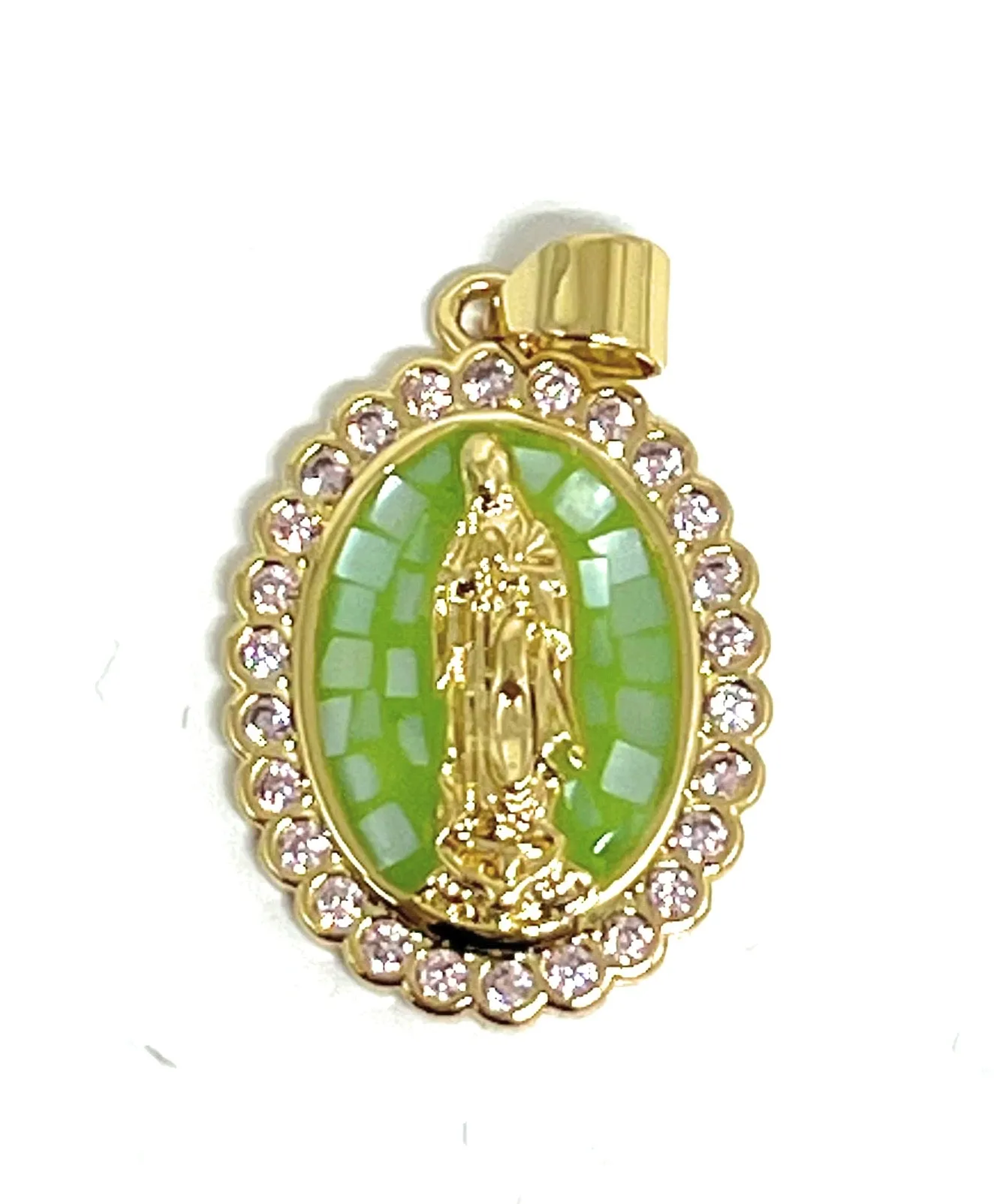 Gold Plated Virgin Mary Enamel Pink CZ Pendant Necklace 24 Virgen Guadalupe Medalla