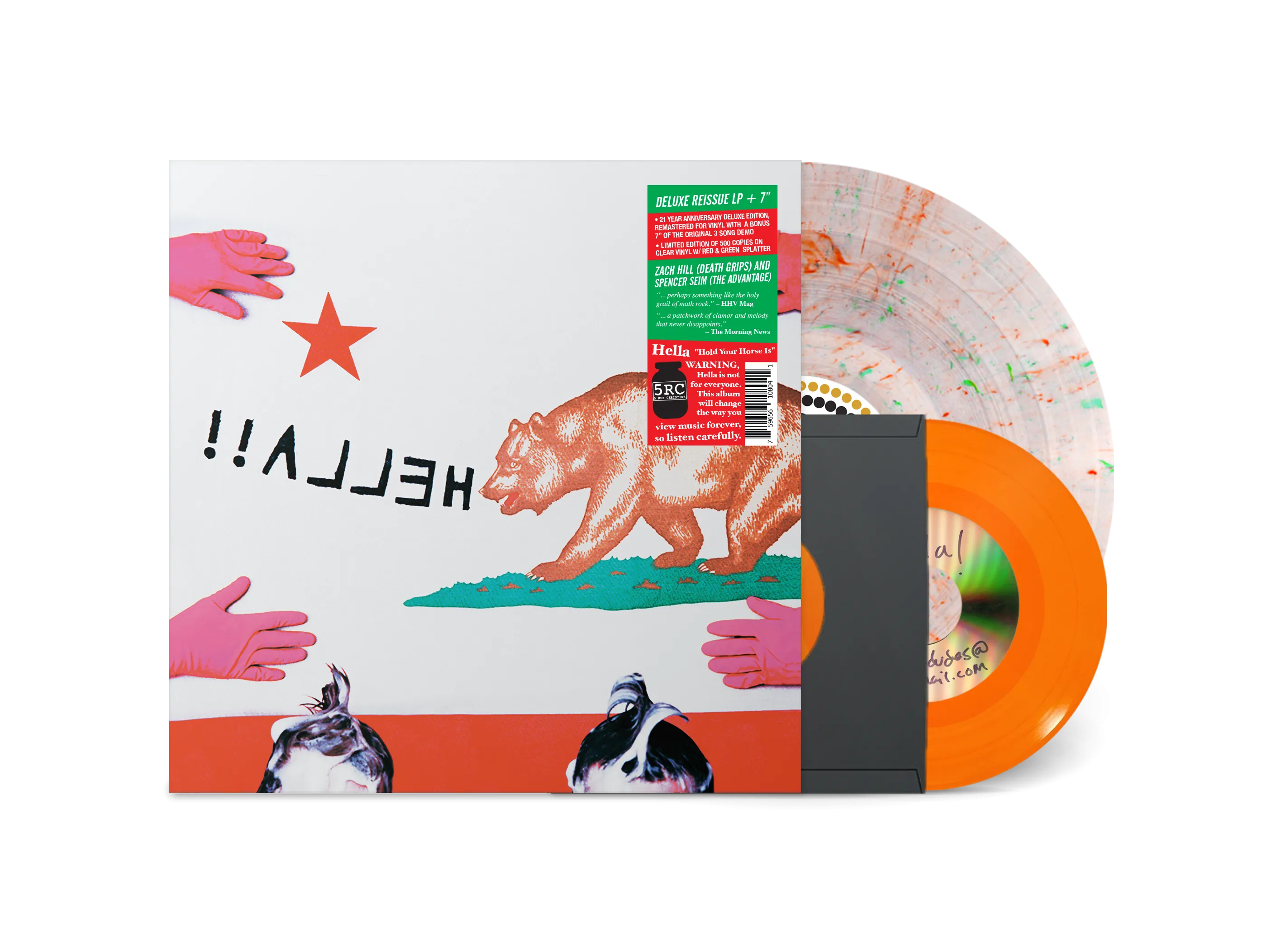 HELLA ‘HOLD YOUR HORSE IS’ LP + 7 (Limited Edition – Only 500 Made, Clear w/ Red & Green Splatter w/ Orange 7 Vinyl)