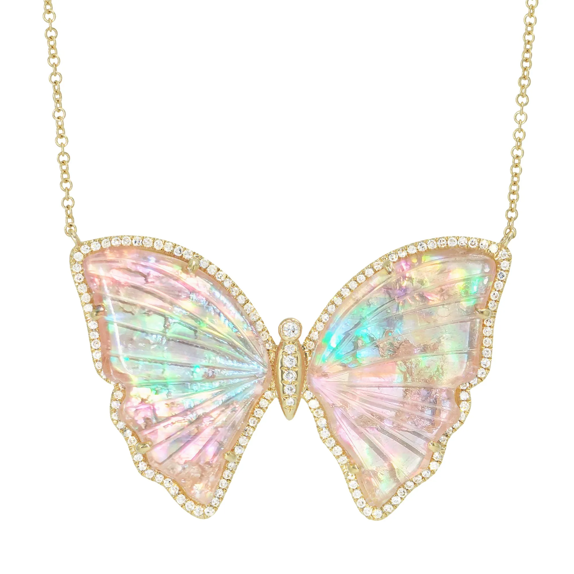 Large Pink Tourmaline Rainbow Pearl Butterfly Necklace with Diamonds