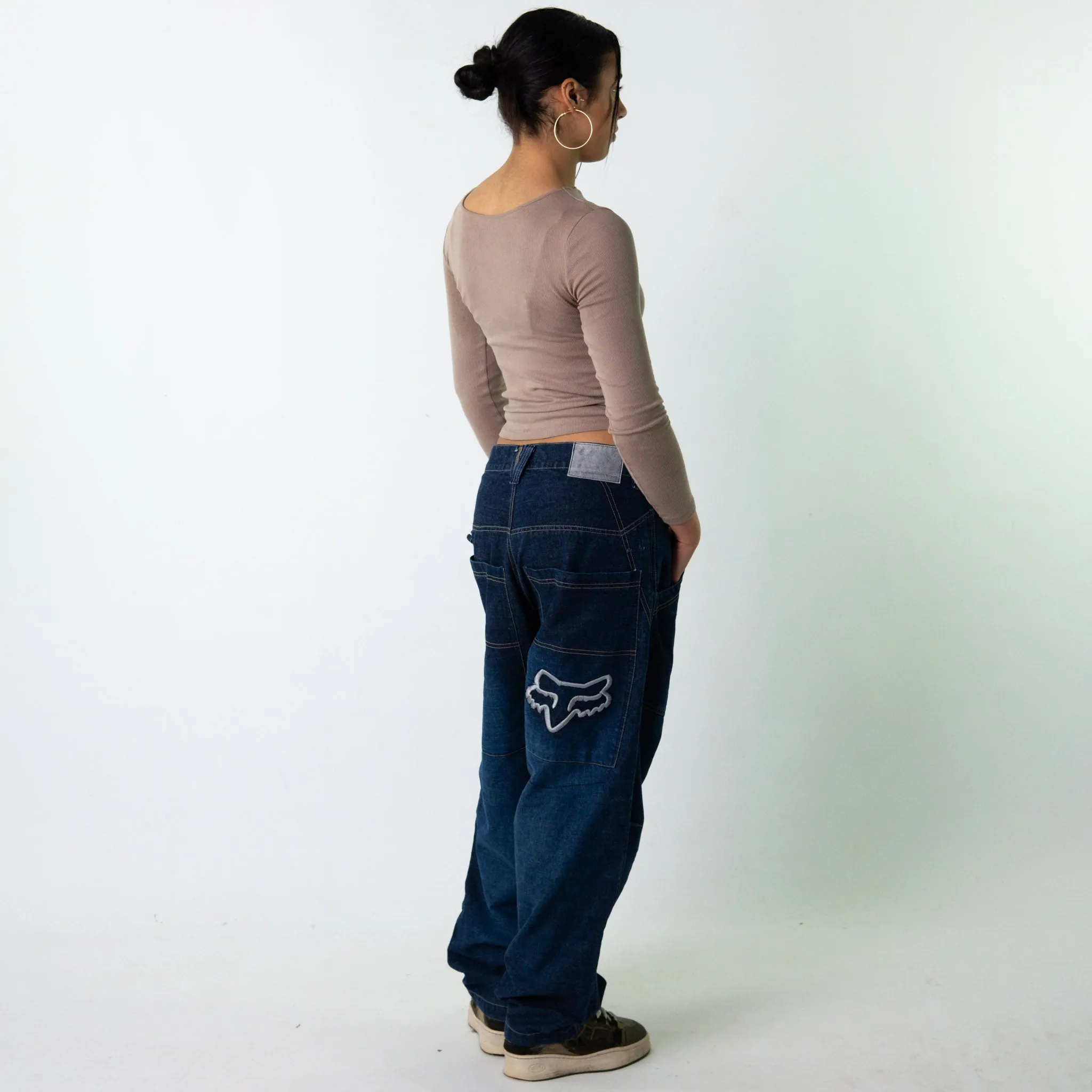 Light Blue Denim 90s Baggy Hip Hop Fox Racing Cargo Skater Trousers Pants Jeans (32x31)