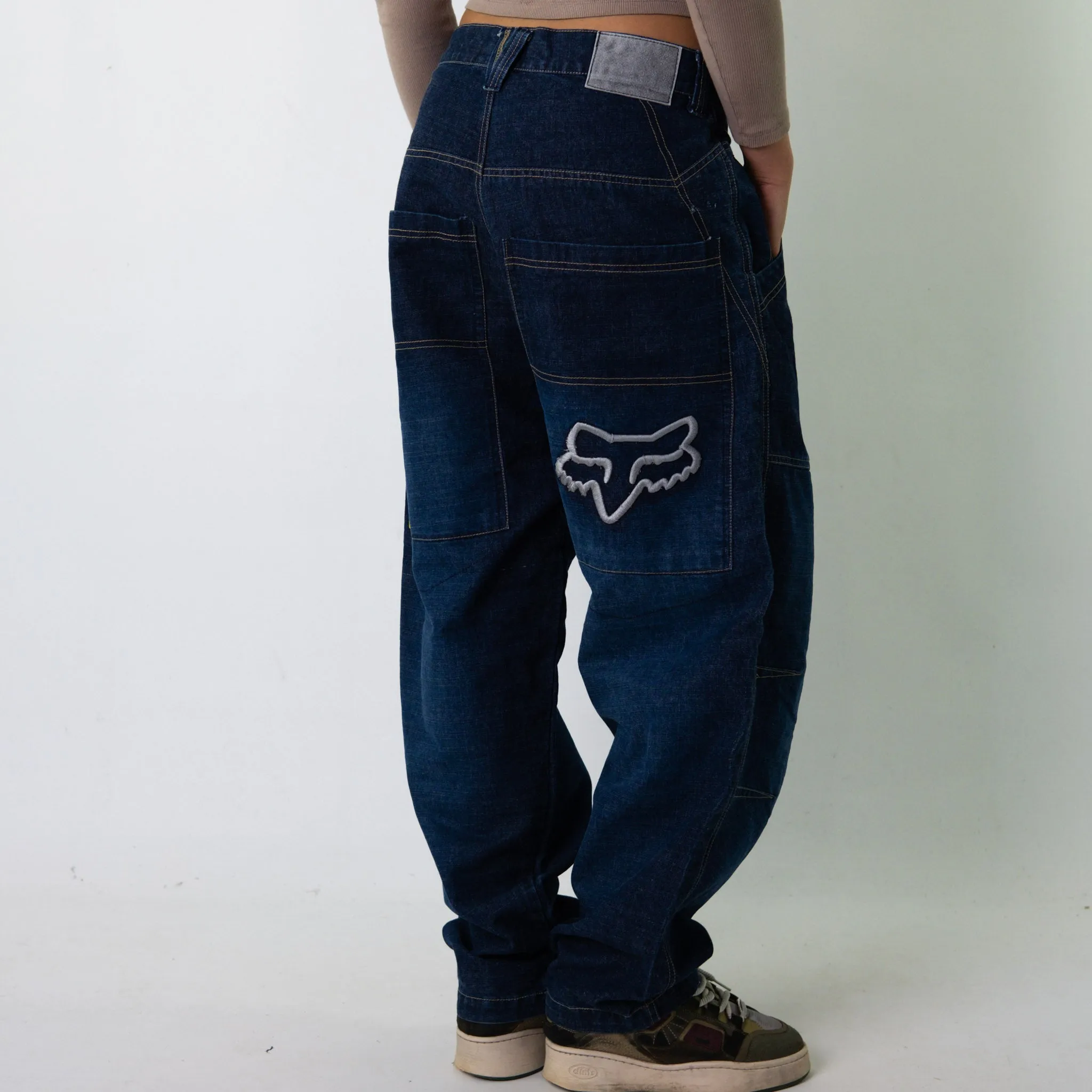 Light Blue Denim 90s Baggy Hip Hop Fox Racing Cargo Skater Trousers Pants Jeans (32x31)