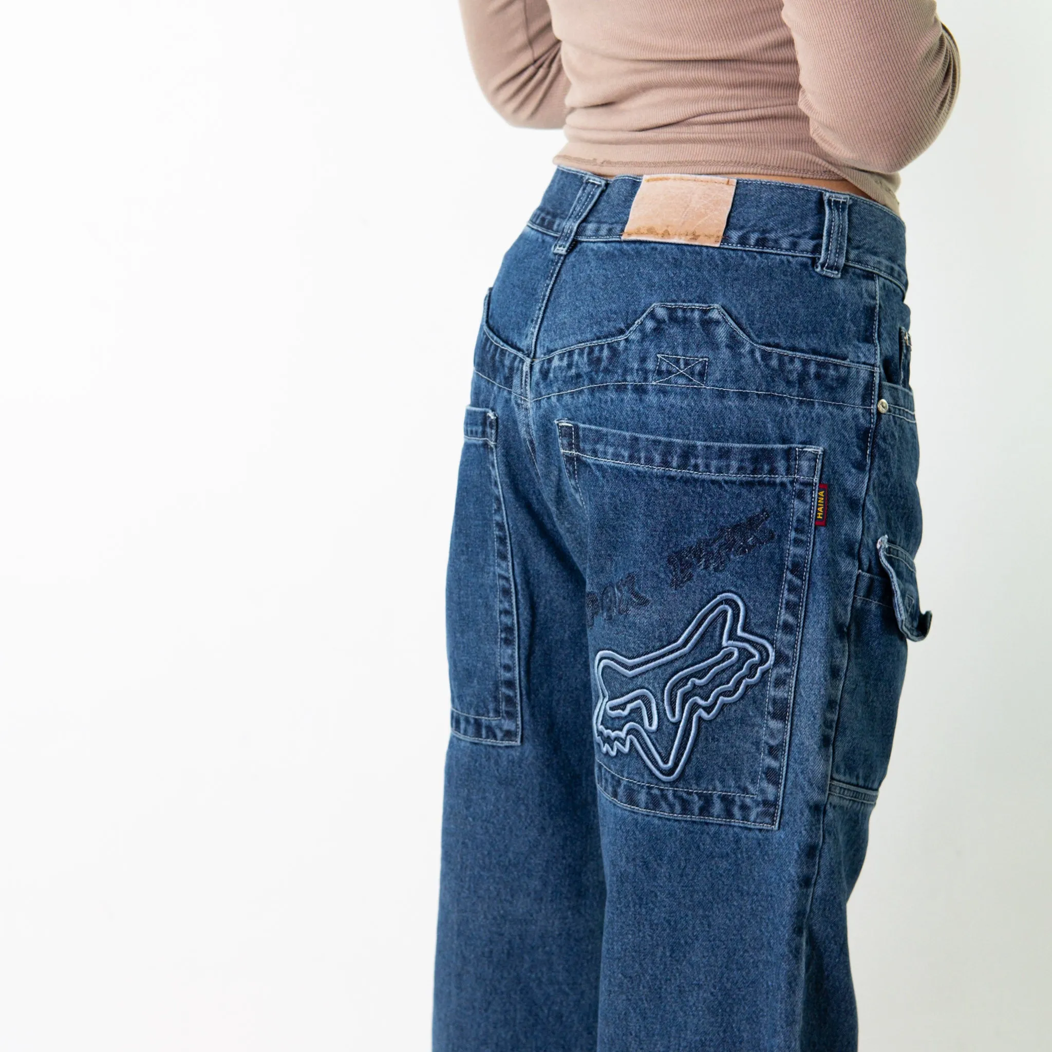 Light Blue Denim 90s Baggy Hip Hop Haina Japanese Cargo Skater Trousers Pants Jeans (32x39)