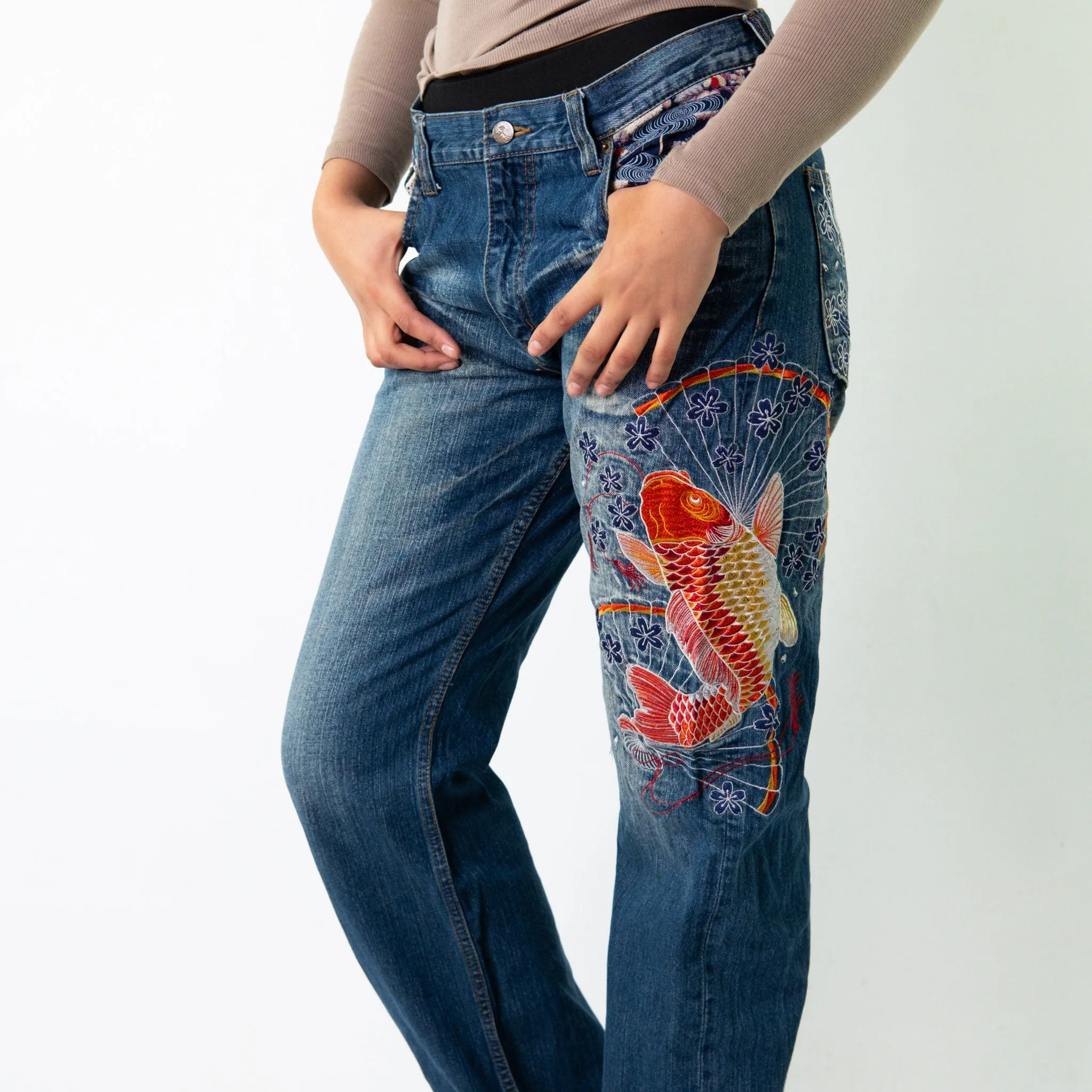 Light Blue Denim 90s Baggy Hip Hop Japanese Embroidered Cargo Skater Trousers Pants Jeans (32x33)