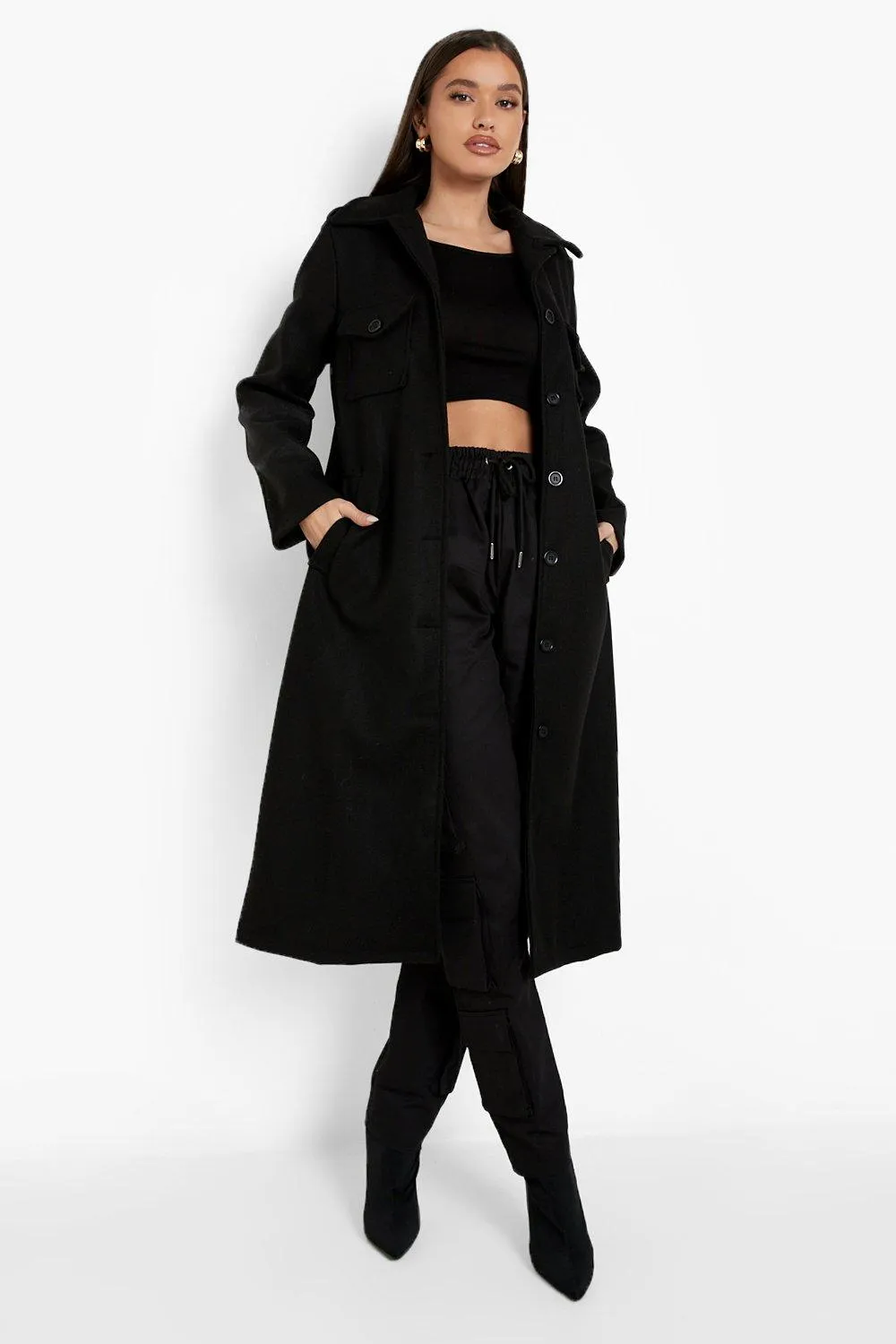 Longline Pocket Detail Wool Look Coat