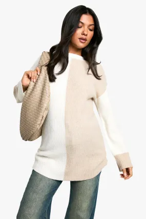 Maternity Soft Knit Color Block Oversized Sweater