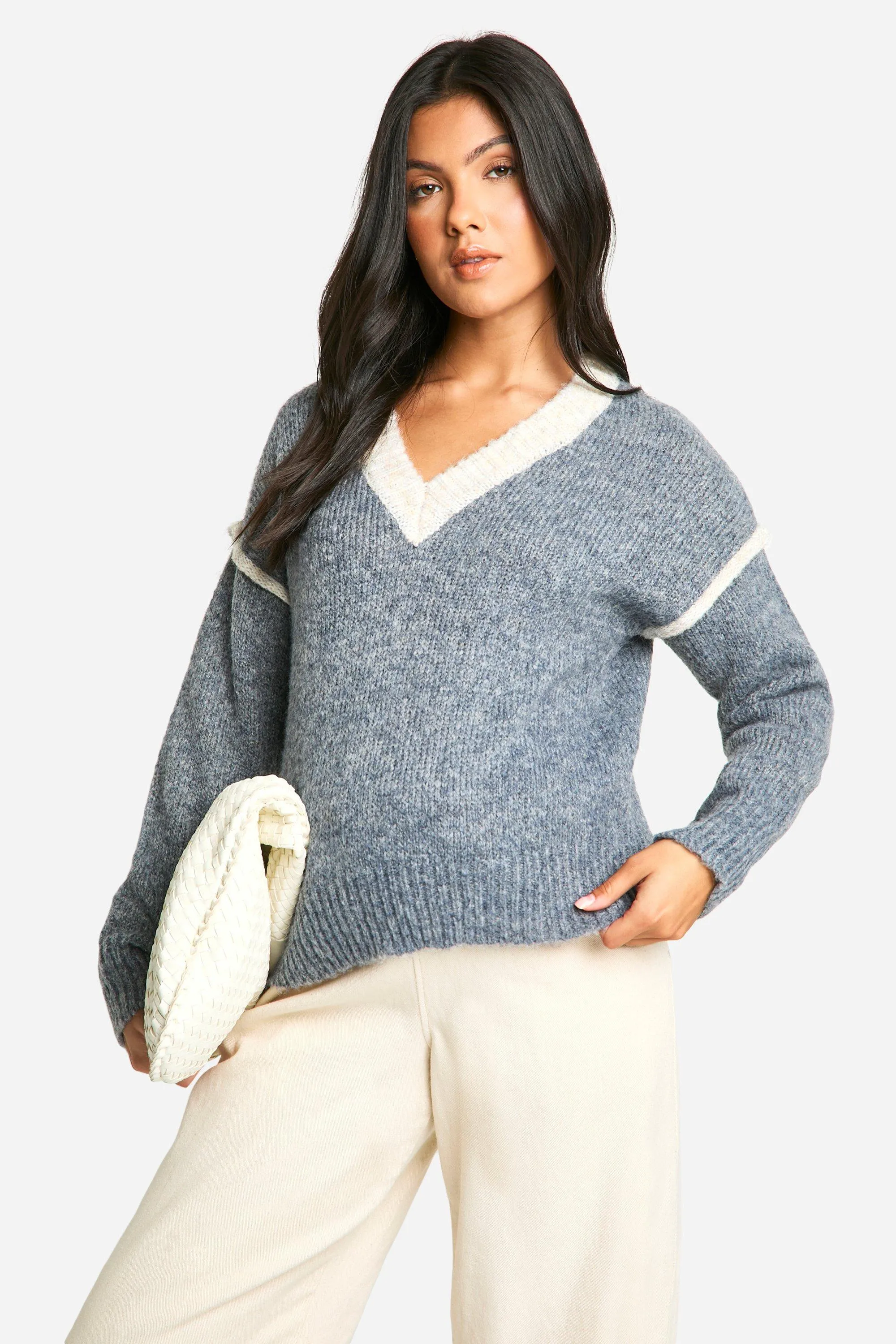 Maternity Soft Knit Contrast Detail Knitted V Neck Sweater