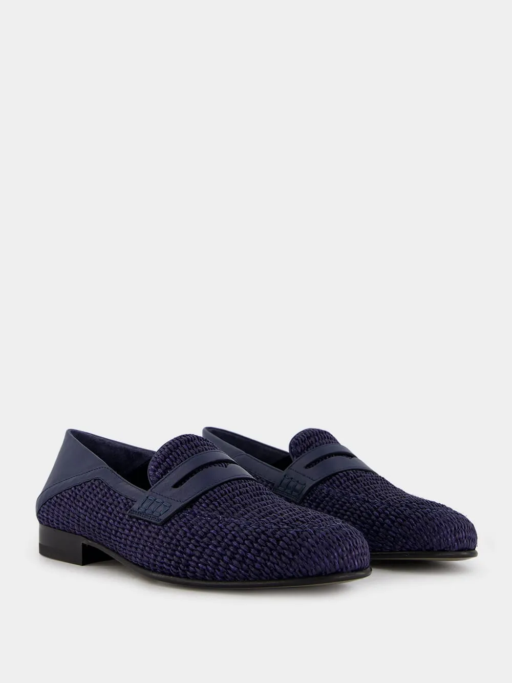 Padstow Navy Blue Raffia Penny Loafers